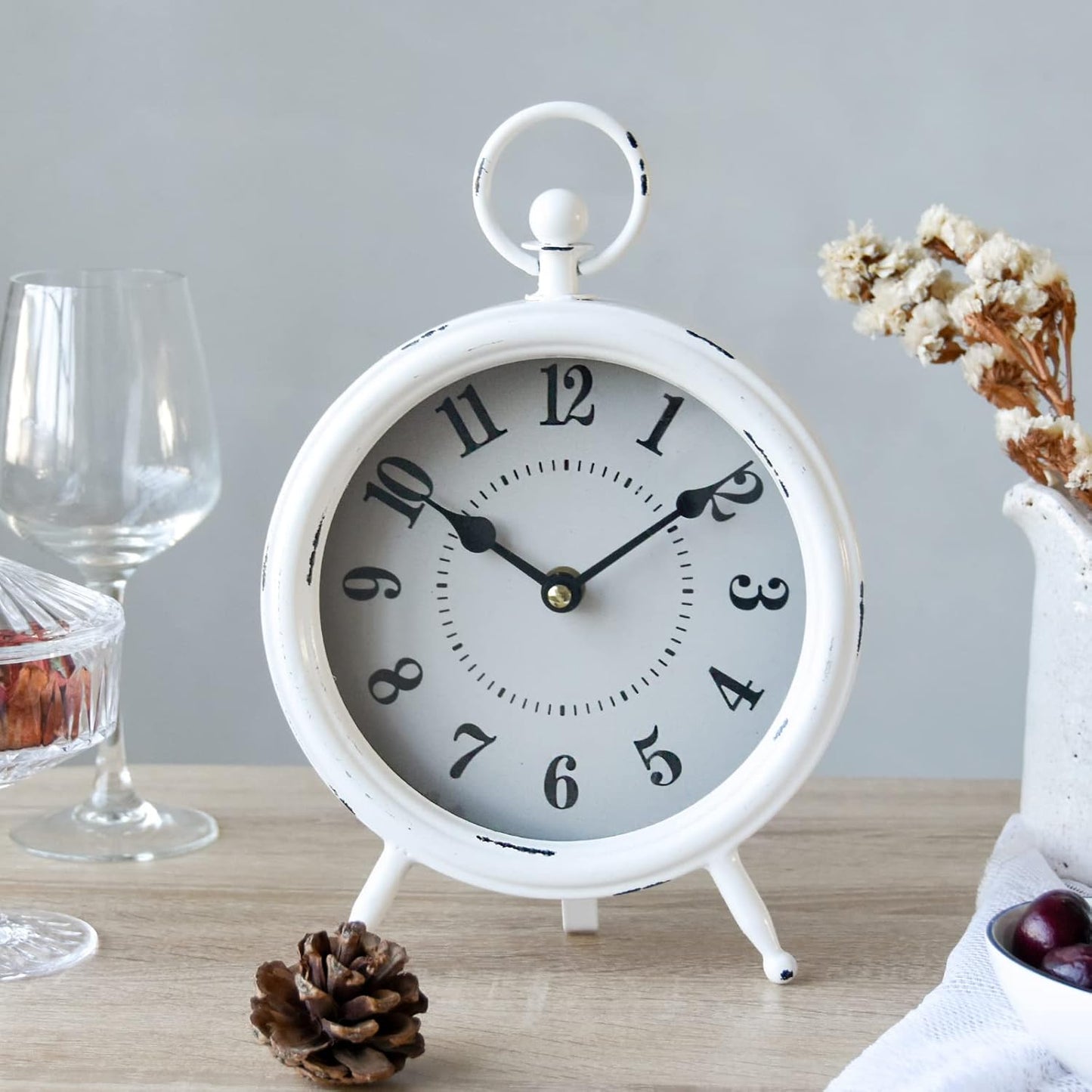 Vintage Rustic White Table Clock on Stand, Decorative Desk & Shelf Clock, Rustic Mantel Farmhouse Non-Ticking