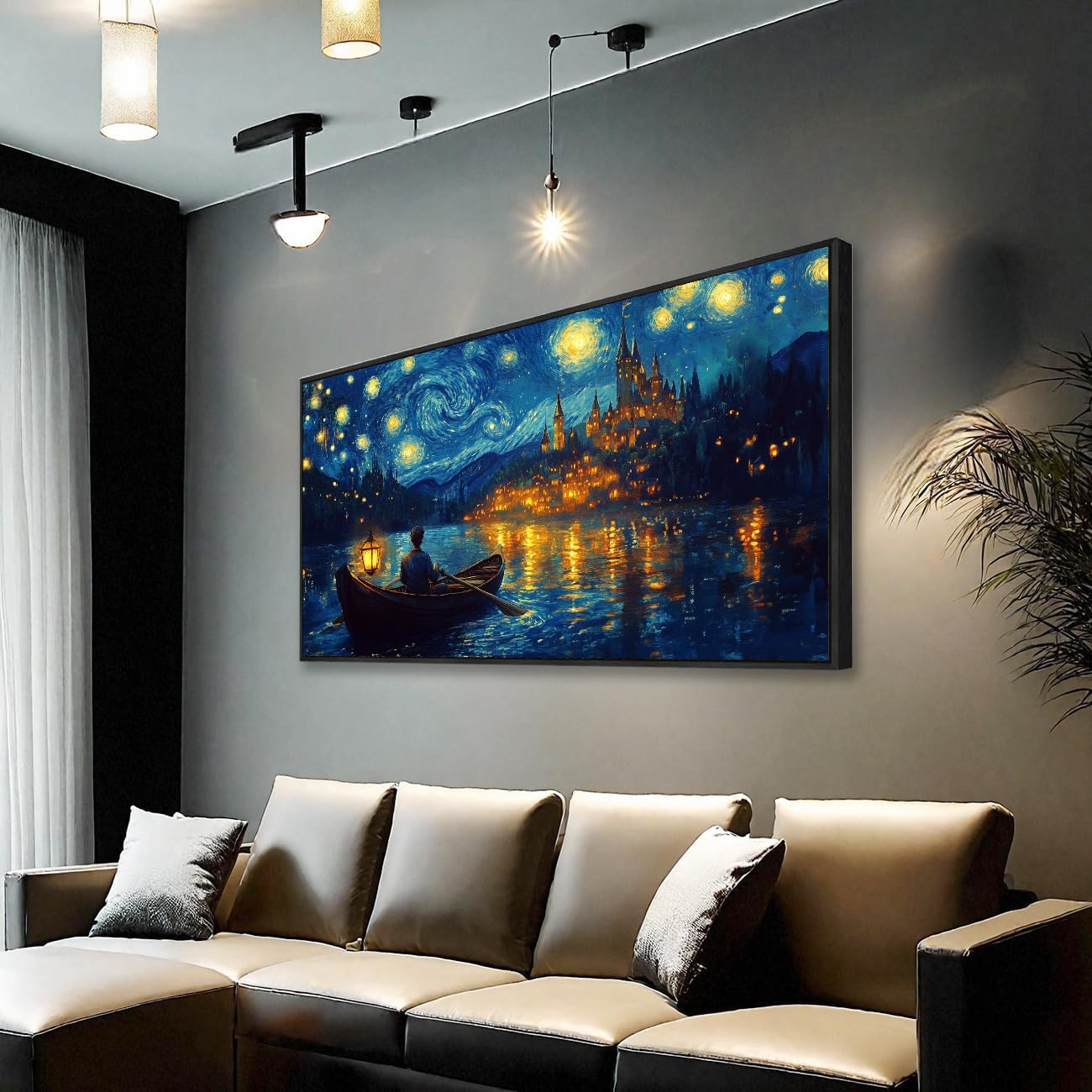Wall Art Canvas Print Starry Night Over the Rhone by Van Gogh 30 x 58 inches Framed Home Artwork Decor Canvas Art Painting Living Room for Bedroom Office Wall Decor