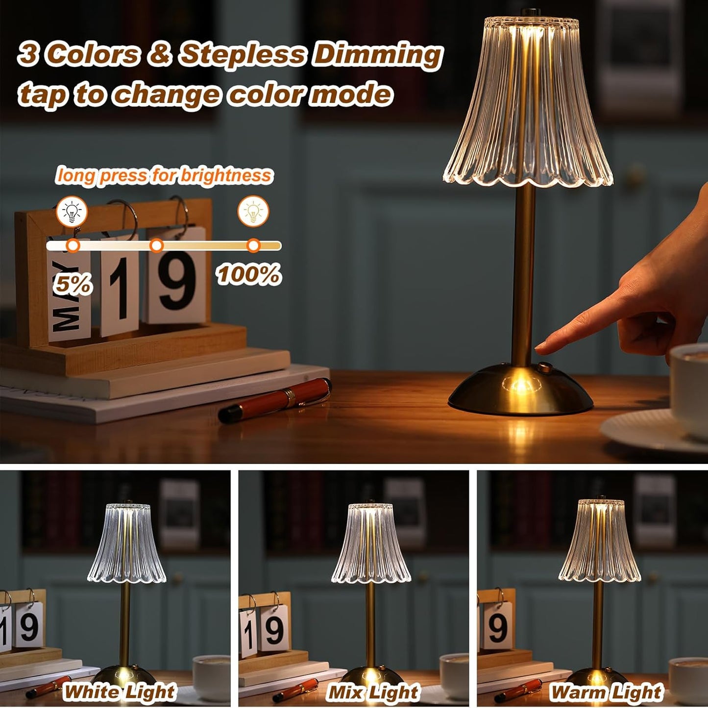 Liliful 8 Pcs LED Portable Cordless Table Lamp Touch Battery Operated Rechargeable Desk Lamp 3 Color Dimmable for Bedroom Living Room Dining (Rose Style,Gold)