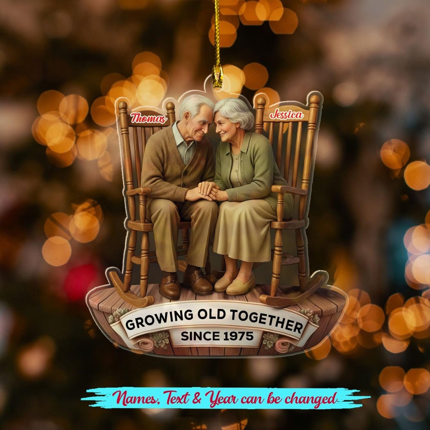 Personalized Growing Old Together Christmas Ornament 2025, Old Couple Sitting On Rocking Chairs Shaped Ornament Gift for Parents Grandparents,Custom Text Name Mr Mrs Ornaments for Wedding Anniversary