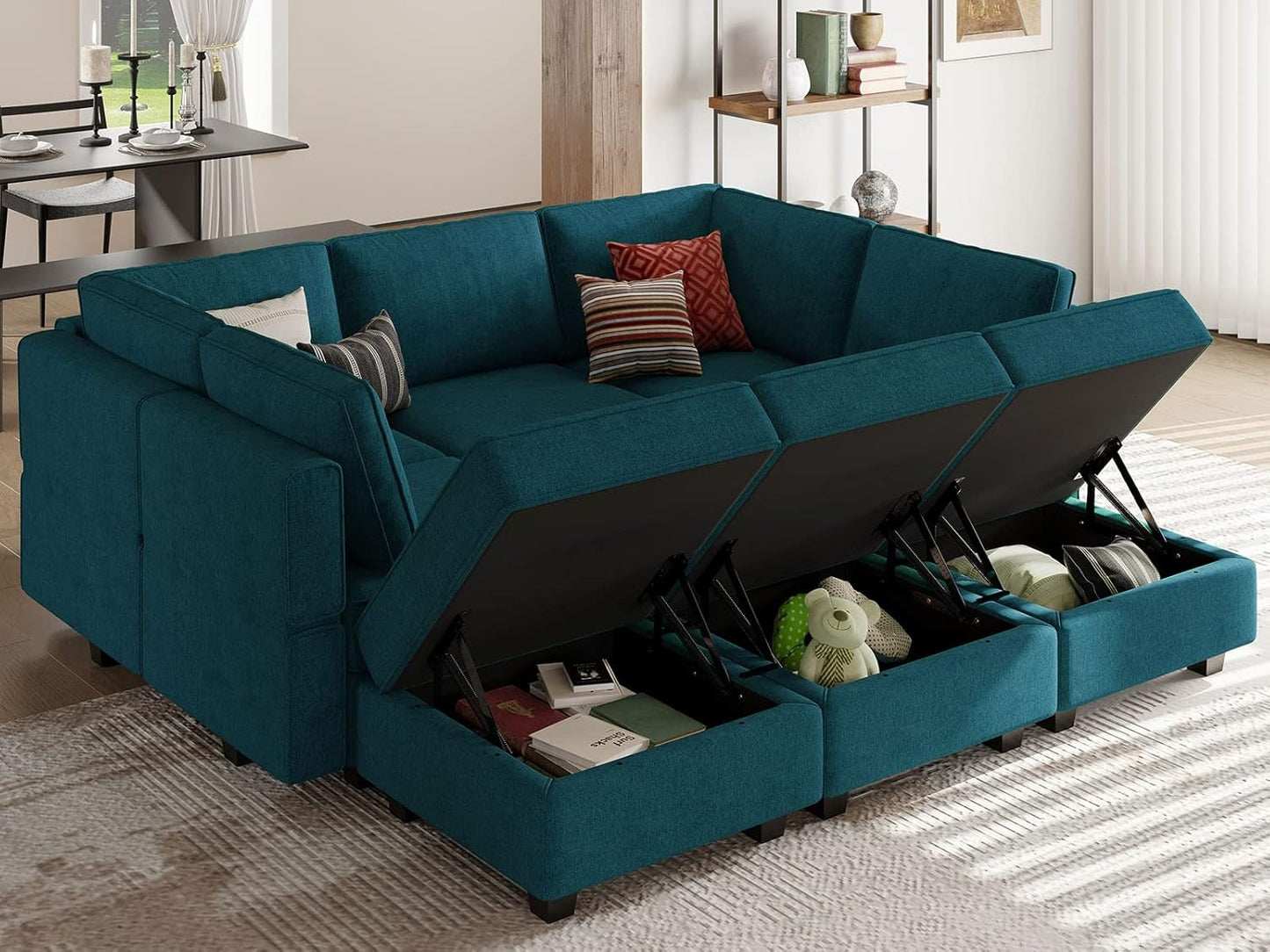 Belffin Modular Sectional Sleeper Sofa Couch with Storage Ottoman Convertible Sectional Couches for Living Room Terry Reversible Chaise. Peacock Blue Sofa