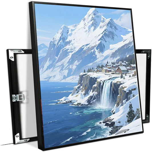 Winter lakeside town and snowy scenery merge together to form a landscape poster wall art suitable for living room bedroom and office