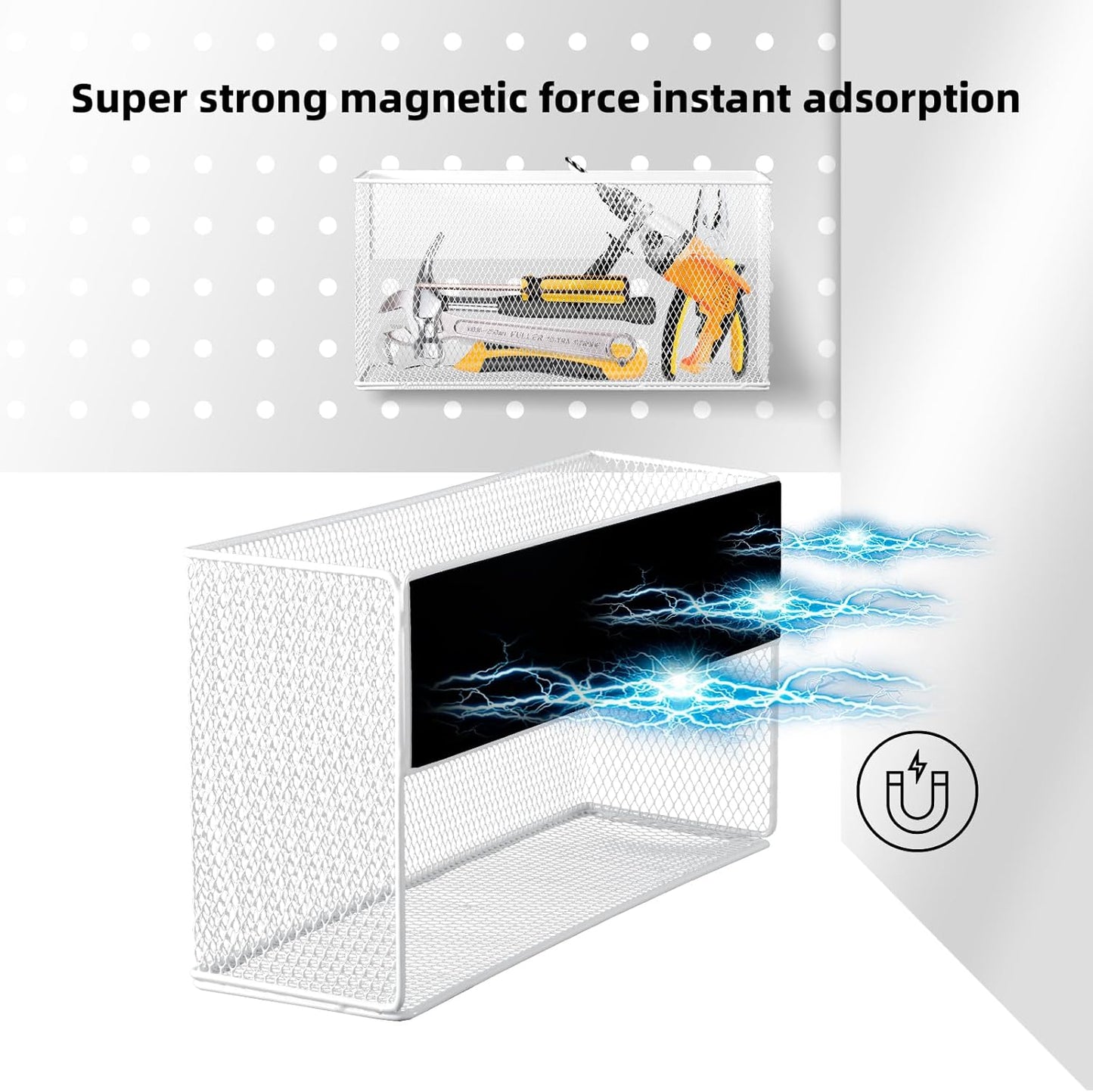 Magnetic Basket 13.77" x4.13" x7.08”,White Mesh Organizer and Holder for White Board and Refrigerator Magnetic Storage Bin Box Containers Organizer for Locker Accessories