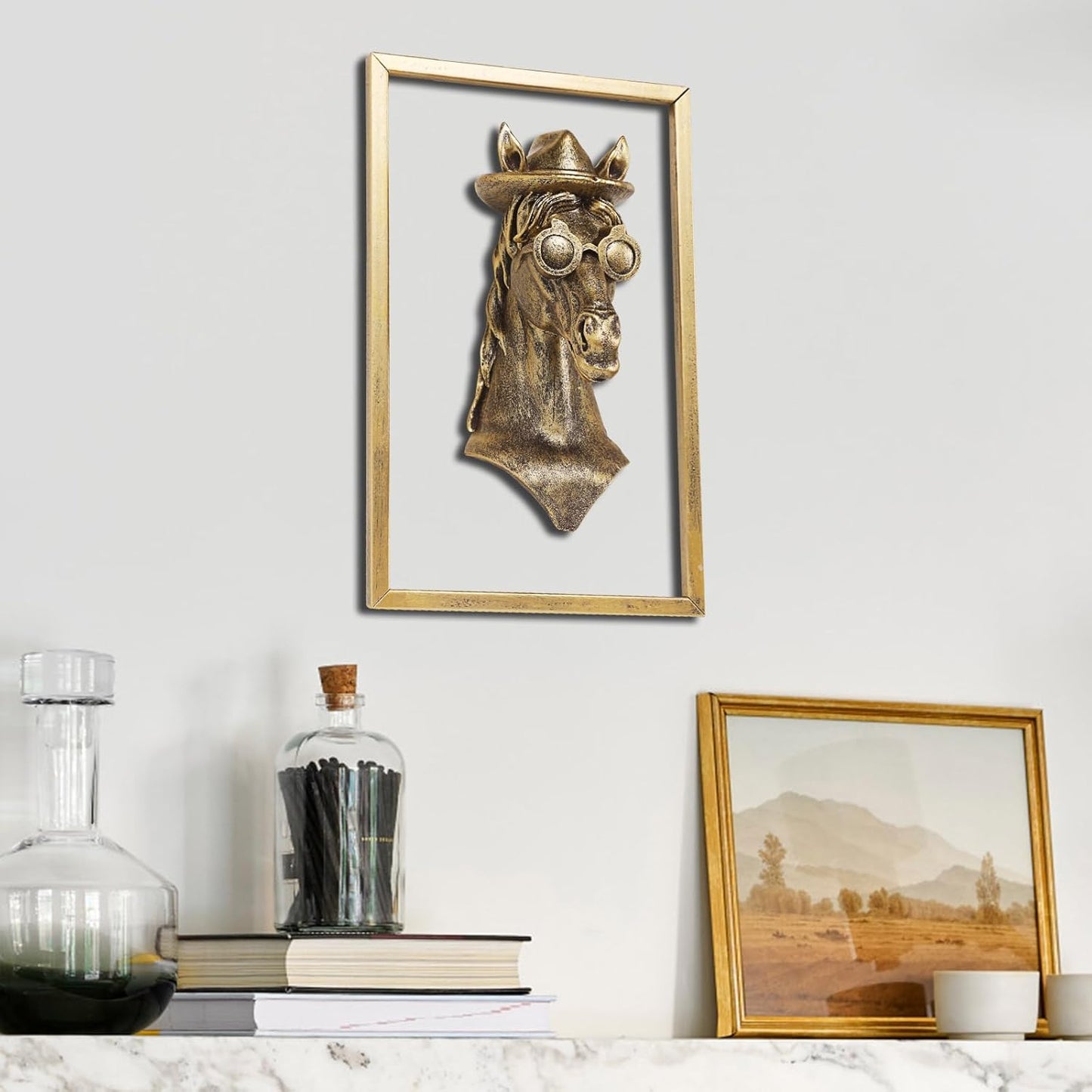 Animal Heads Wall Decor (Includes Metal Frame) Resin Animals Sculptures Head Wall Hanging Decoration Gold vintage Wall Sculpture for Living Room Bedroom Office(Horse)