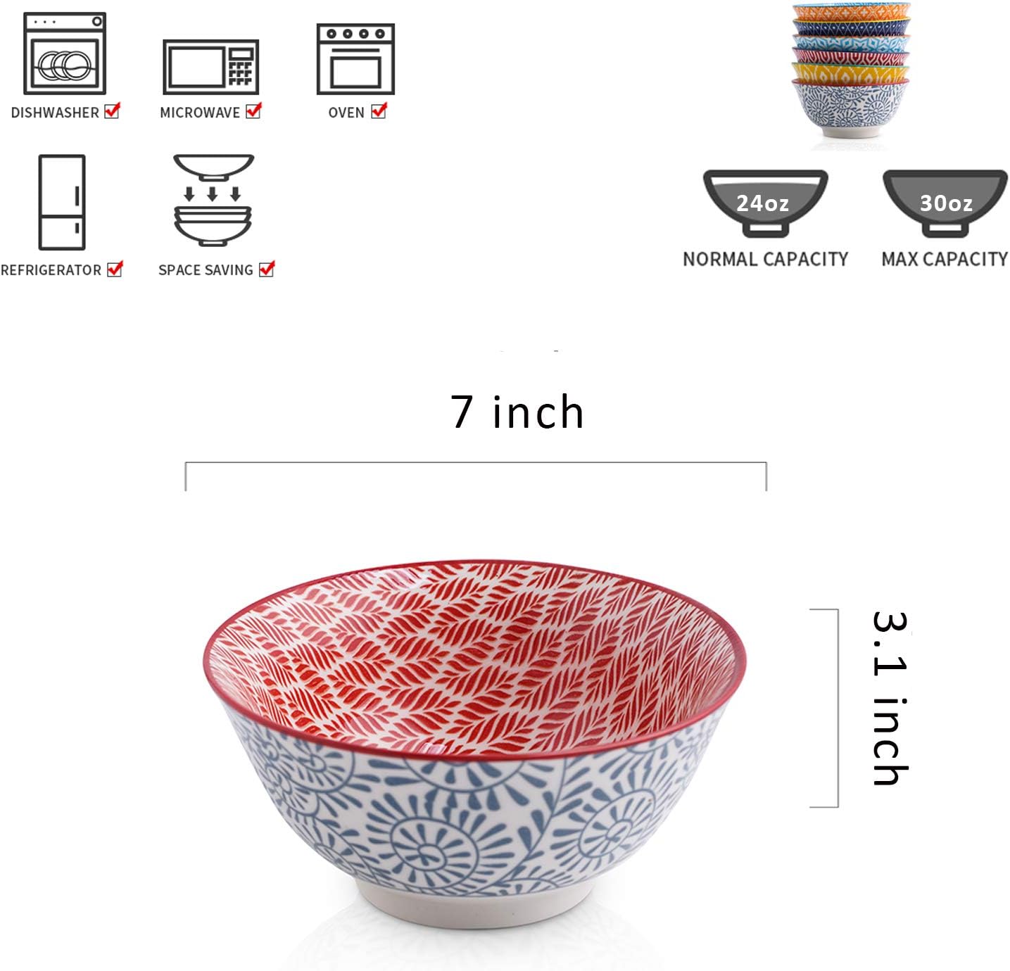 Selamica 7 inches Porcelain Cereal Bowl Set - Set of 6, Ceramic bowls, Soup Bowl Set for Cereal, Soup, Salad and Pasta, Assorted Colors