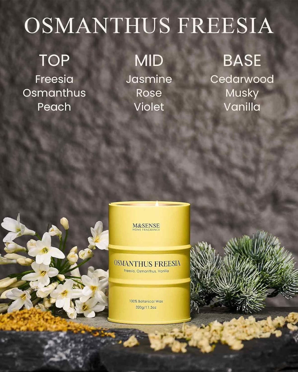 M&SENSE Osmanthus Freesia Scented Candles Natural Non Toxic, Aromatherapy Candle for Stress Relief Meditation Relaxing, Housewarming Gifts for Women Men, 11.3oz 70 Hour Long Burning