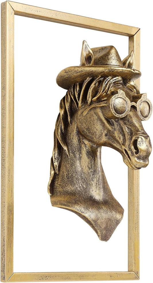 Animal Heads Wall Decor (Includes Metal Frame) Resin Animals Sculptures Head Wall Hanging Decoration Gold vintage Wall Sculpture for Living Room Bedroom Office(Horse)