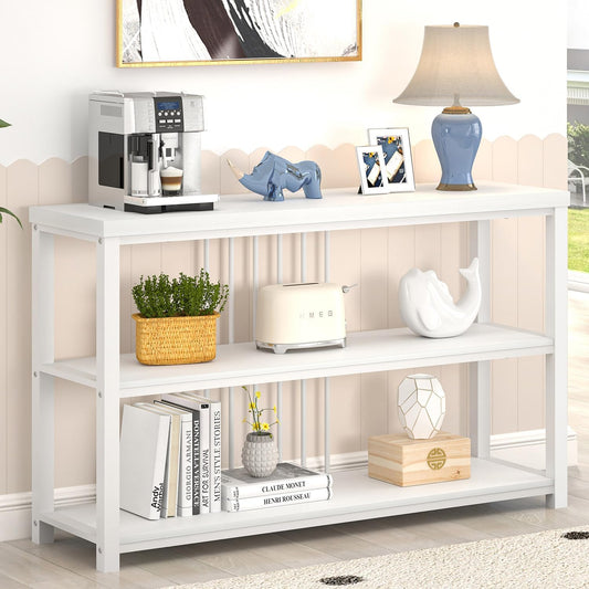 FOLUBAN Modern Sofa Console Table for Entryway, 3 Tier Wood Foyer Table for Hallway Living Room Behind Couch, White Oak