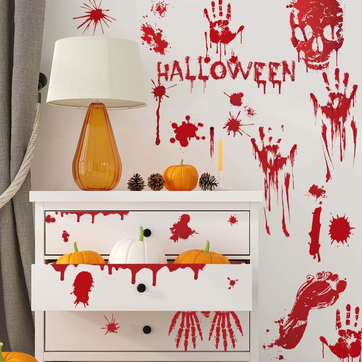 PartyGarden Halloween Decorations - 8 Sheet 86 Pcs Halloween Bloody Handprint Footprint Window Clings Wall Decal Floor Stickers for Inside Outside Home Door Scary Party Décor