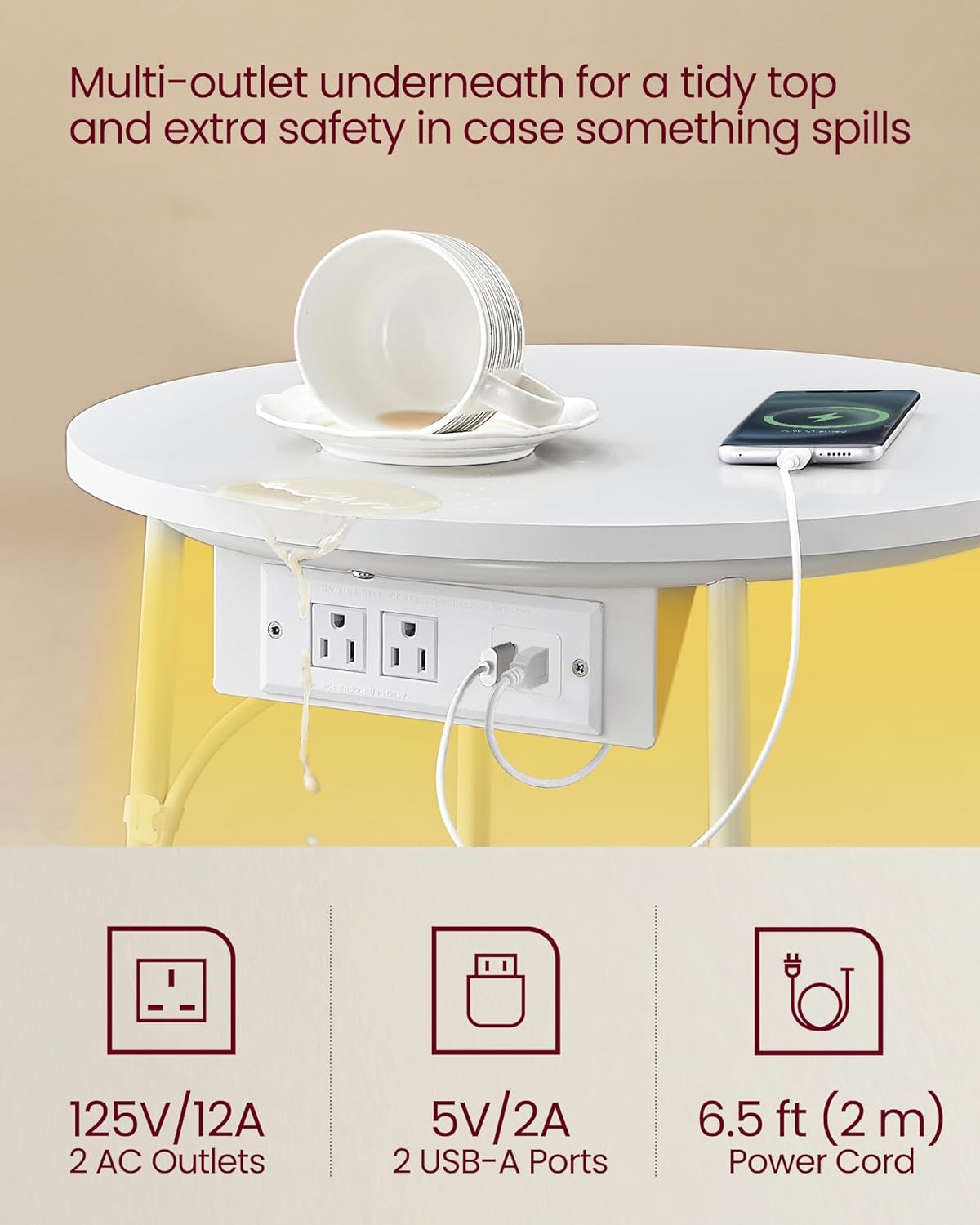 VASAGLE Side Table with Charging Station, Round End Table with Fabric Basket, LED Nightstand with Power Outlets, USB Ports, for Living Room, Bedroom, Modern, Matte White and Camel Brown ULET227W01