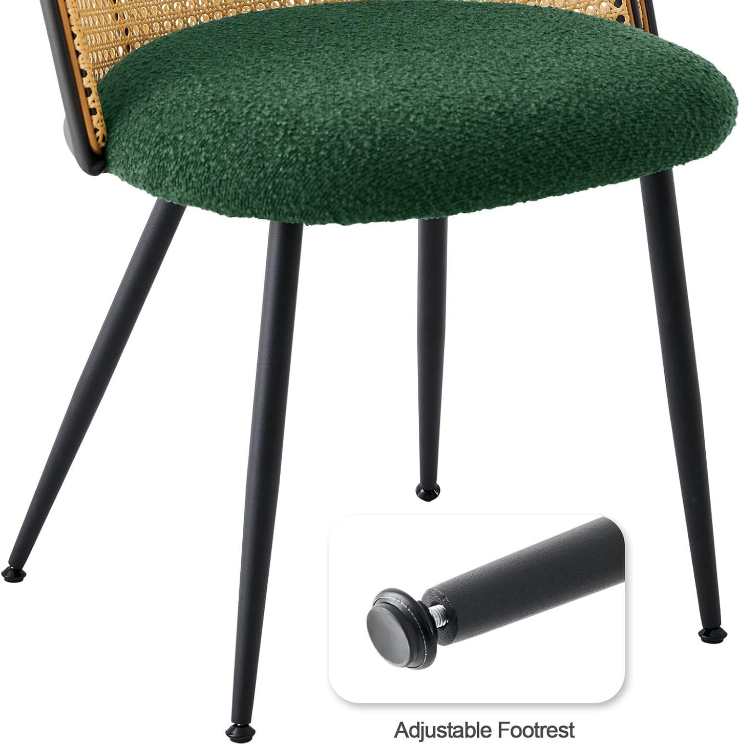 Rattan Dining Chairs Set of 6, Mid-Century Modern Kitchen Dining Room Chairs with Full Cane Backrest Armless Upholstered Farmhouse Boucle Dining Chairs with Metal Leqs for Dining Room, Green