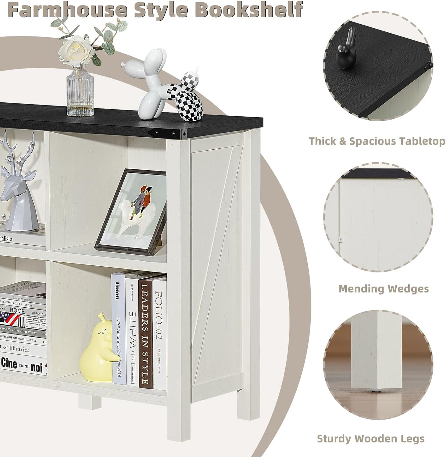 8 Cube Book Shelf, Farmhouse Wood Long Storage Organizer Bookcase, 62" Horizontal Antique White & Black Console Bookshelf, Kids Toy Storage Cabinet, Modern Open Book Case for Playroom, Office