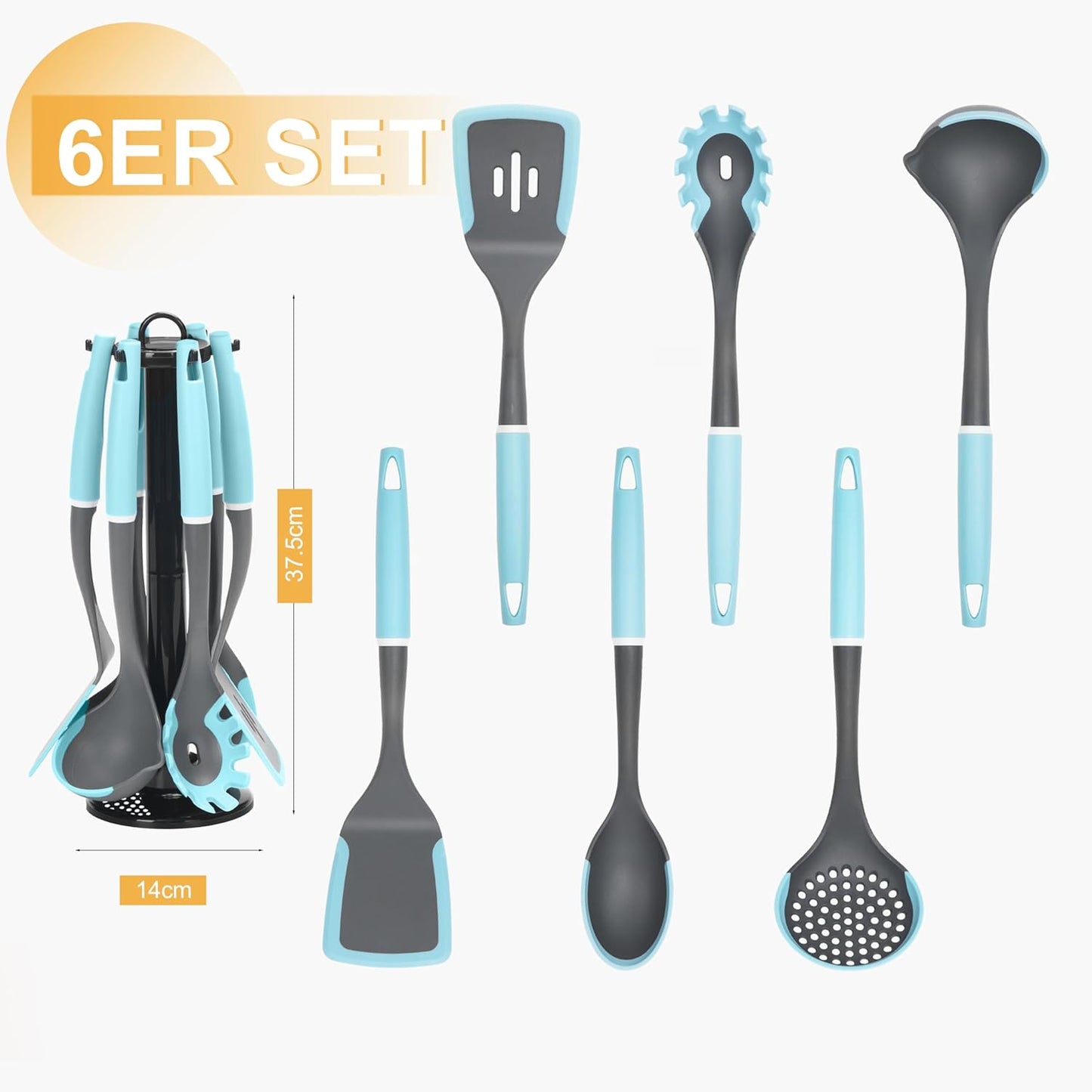 6-Piece Silicone Kitchen Utensil Set with Rotating Stand, Non-Stick, Heat-Resistant (400°F), Nylon Handle, Cooking Spatula Set for Baking & Cooking, Light Blue