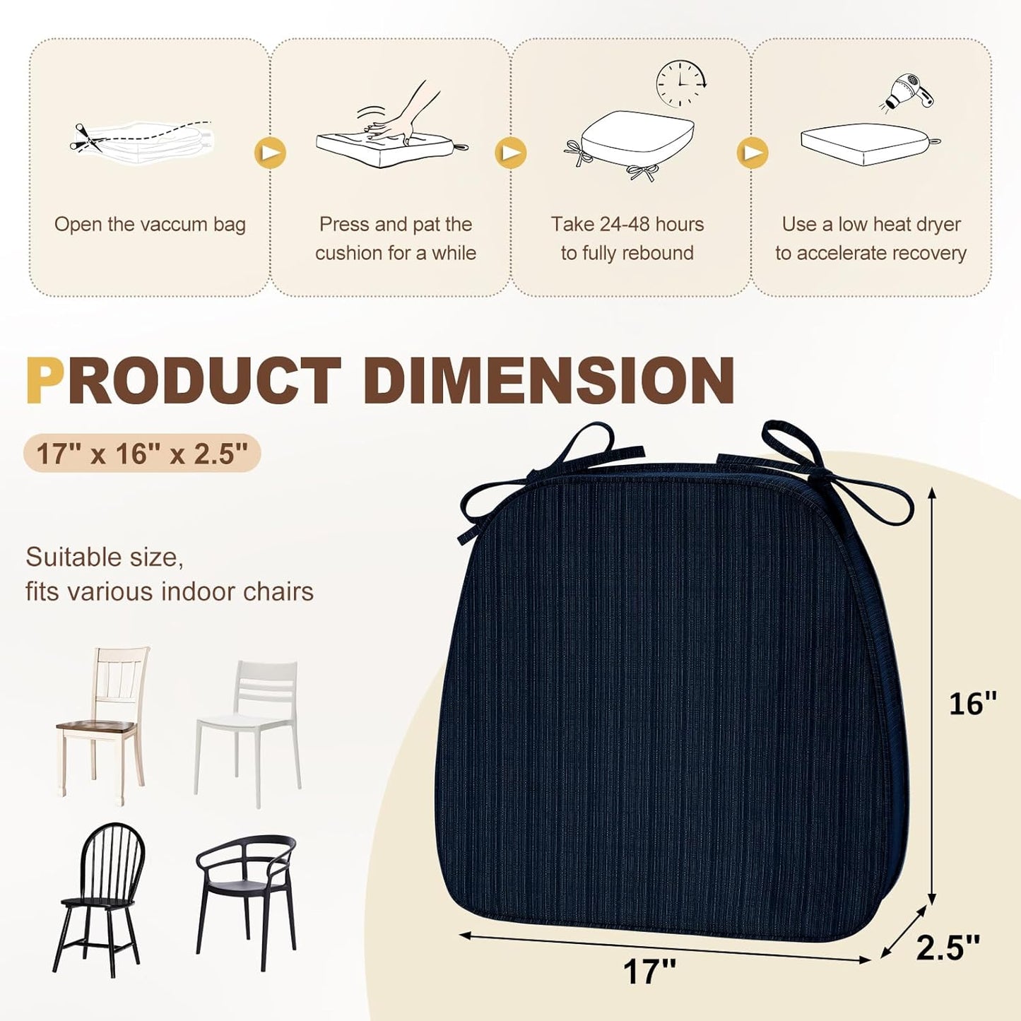 downluxe Chair Cushions for Dining Chairs, Waterproof Kitchen Chair Pads, Non-Slip Dining Seat Cushion with Ties, 17" x 16" x 2.5", Navy, 6 Pack