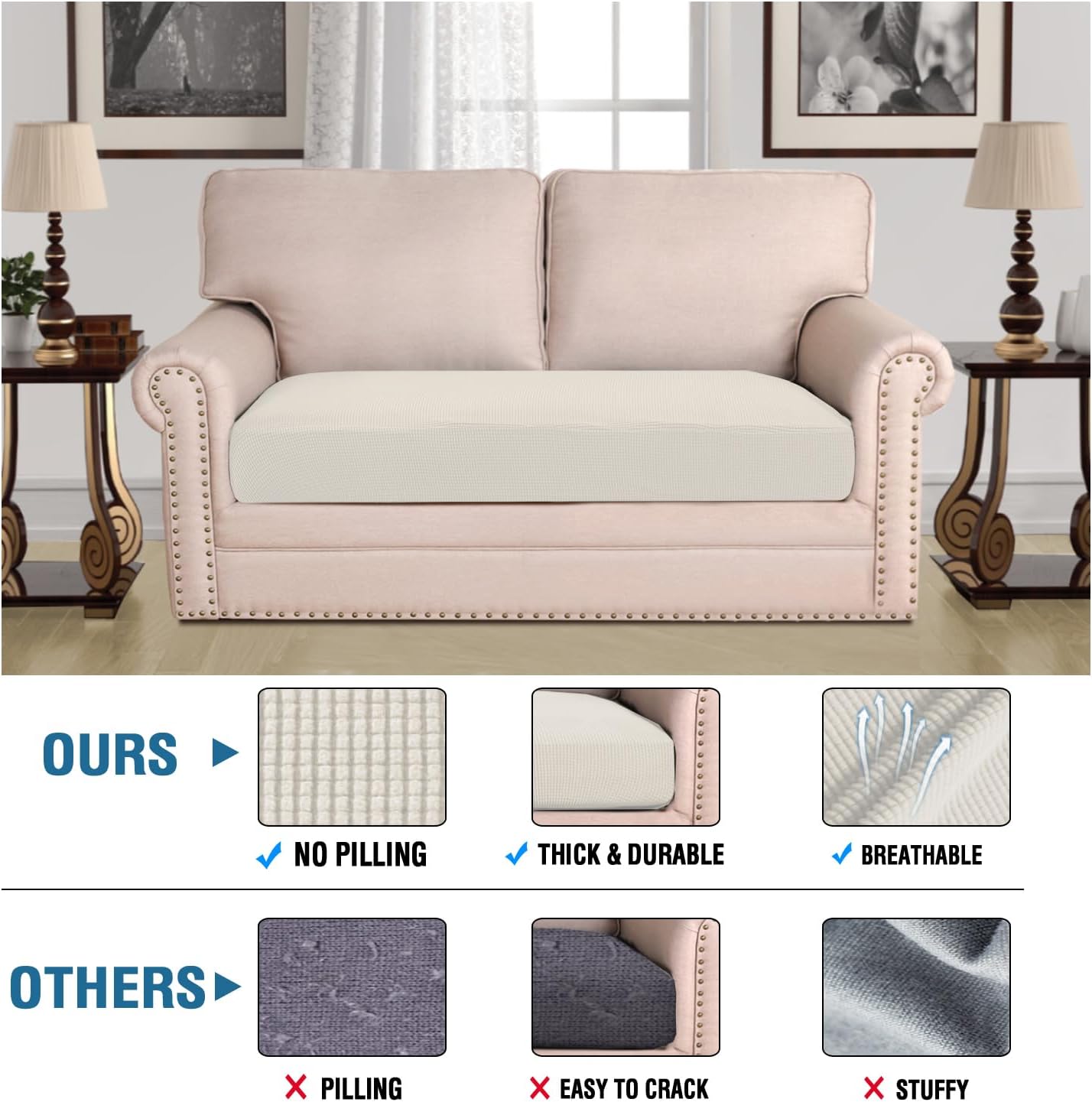 H.VERSAILTEX Super Stretch Individual Seat Cushion Covers Sofa Covers Couch Cushion Covers Slipcover Sets Thick Jacquard Textured Twill Fabric (1 Piece Loveseat Cushion Cover, Porcelain)