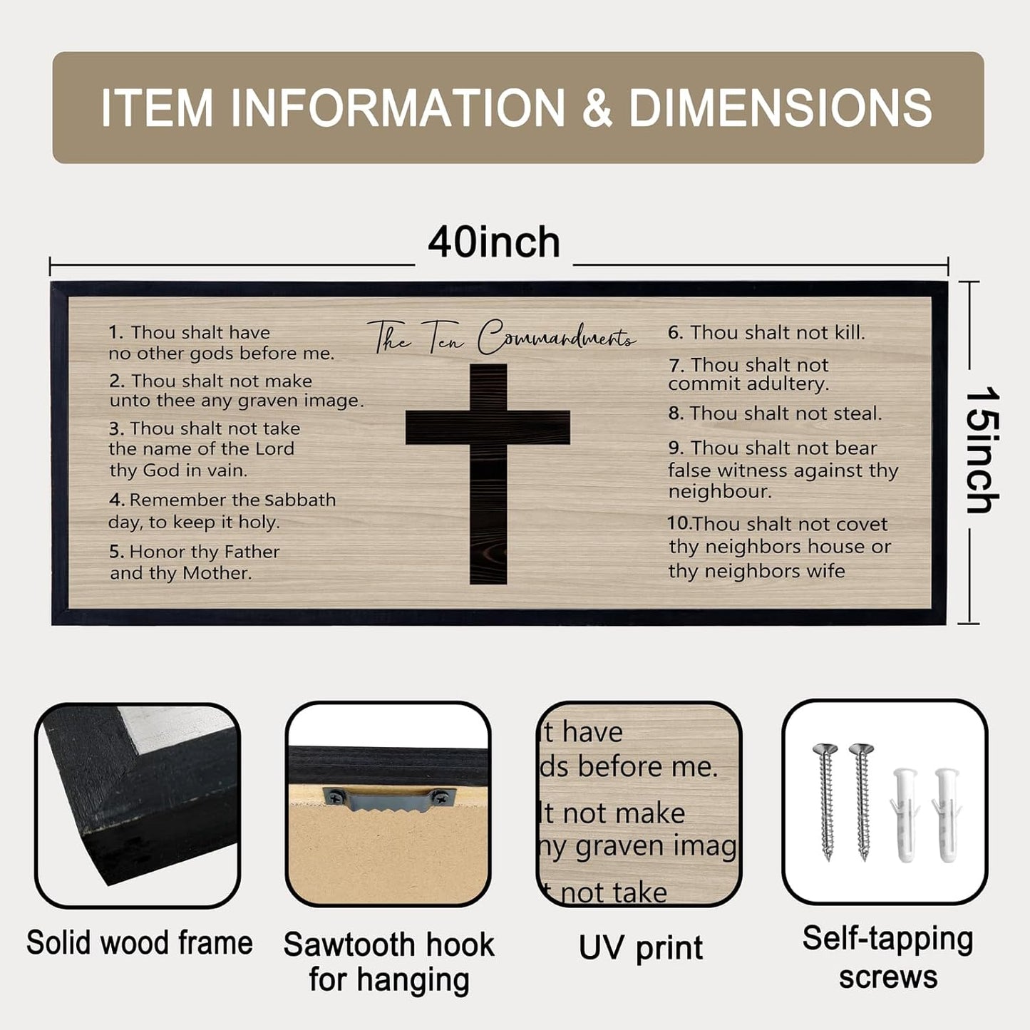 Ten Commandments Rustic Bible Verse Framed Wall Art 40" x 15" Black Religious Christian Slogan Representing God Jesus Christ Prayer Vintage Holy Inspirational Catholic Scripture Decor