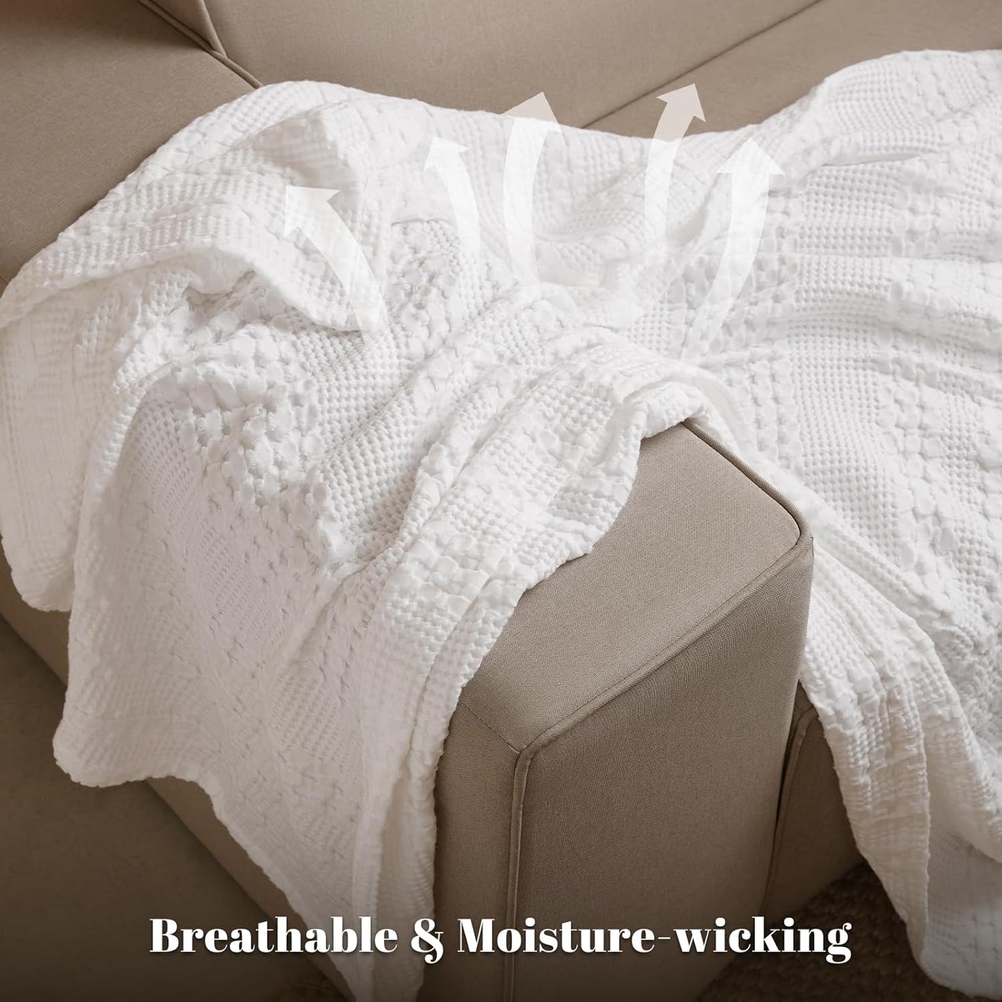 PHF 100% Cotton Waffle Weave Throw Blanket, Soft Lightweight Breathable Cozy Summer Throws for Couch Bed Sofa, Luxury Aesthetic Woven Blanket for Home Decor & Office, 50"x60", White