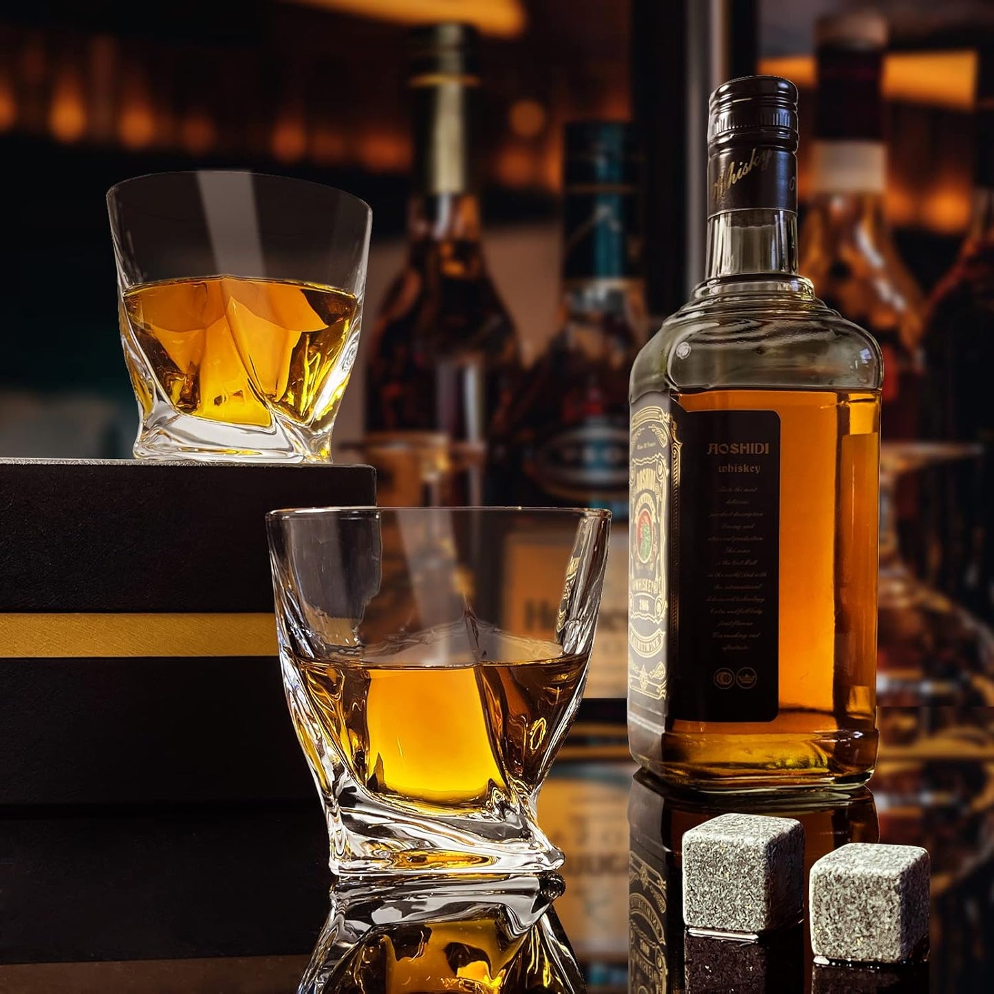 Crystal Whiskey Glasses Set of 2 (11 Oz), Old Fashioned Glass Packaged in Sturdy Gift Box, Unique Gifts for Men, Twisted Style Bourbon Glass Cocktail Glasses, Dad Gifts for Birthday