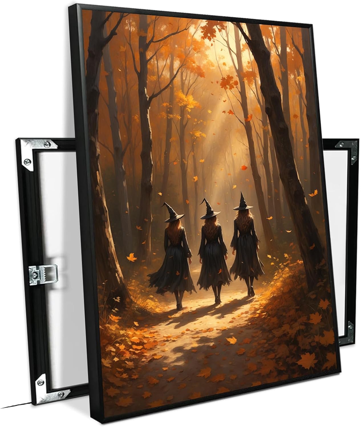 JFHCQJPK Three witches walking in the forest in autumn canvas painting gothic poster halloween print country witch wall art for home decoration20x30in Metal blackFramed
