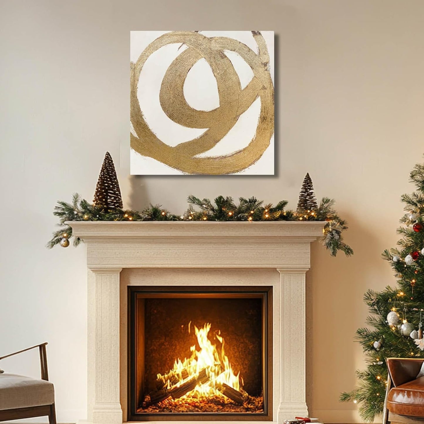 CHUDANHAO Contemporary Neutral Artwork Line Wall Hangings Decor Gold Wall Paintings 28"x28" Decoration for Bedroom Wall Office Decor