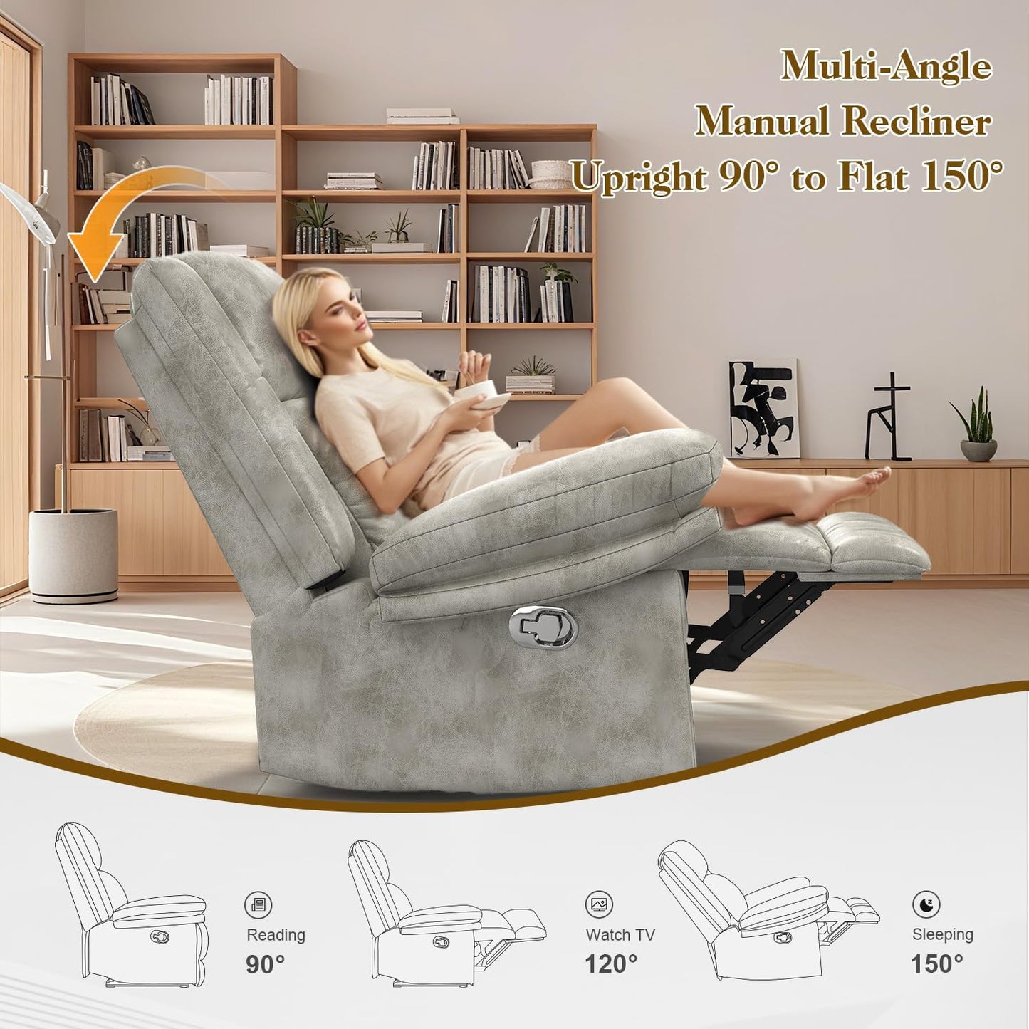 Recliner Chair for Adults, Oversized Manual Pull Tab Reclining Chair, 2-Tier Cushions, Minimalist Style Single Sofa for Living Room, RV (Polished Microfiber)