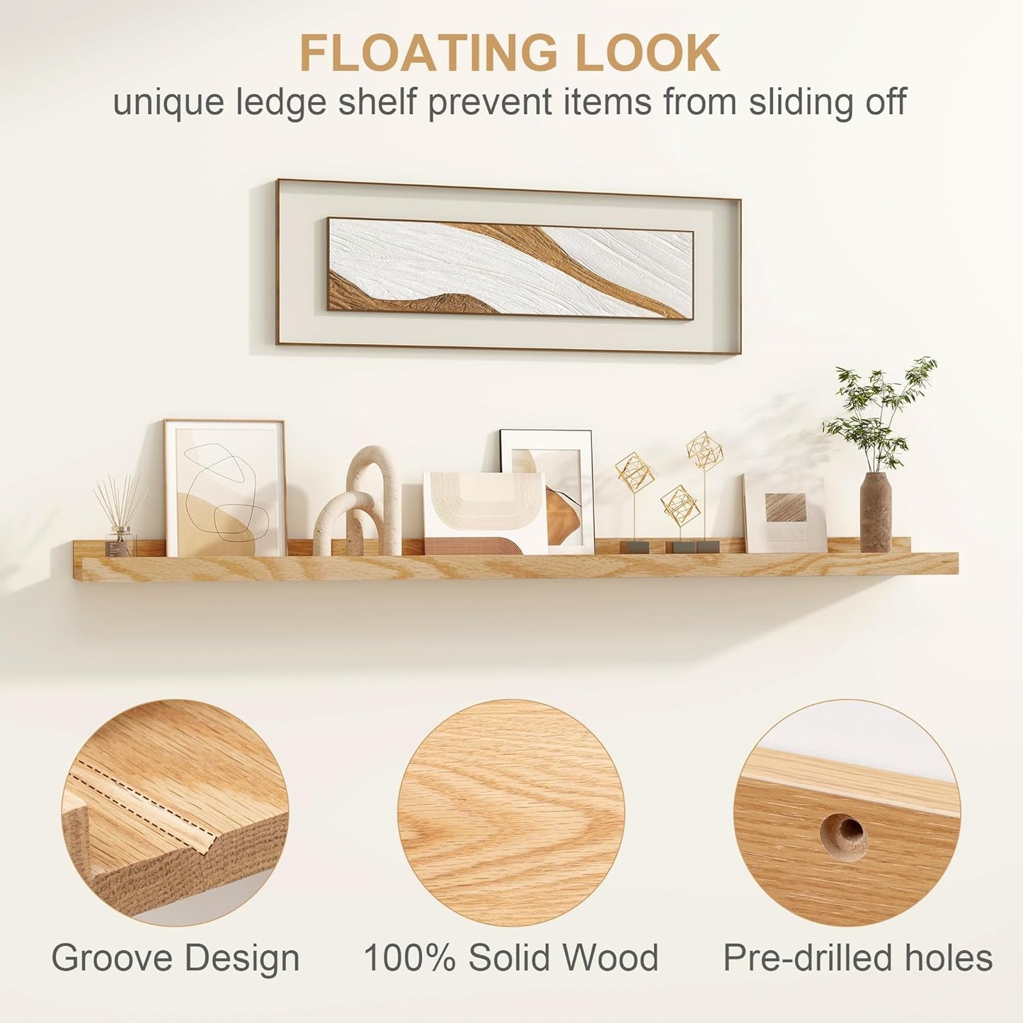 Floating Picture Ledge Shelves 48 Inch Solid Oak Wood Set of 2, Rustic Wall Storage Shelves with Lip, Kids Bookshelf, Photo & Picture Ledge Shelves for Bedroom, Living Room, Kitchen