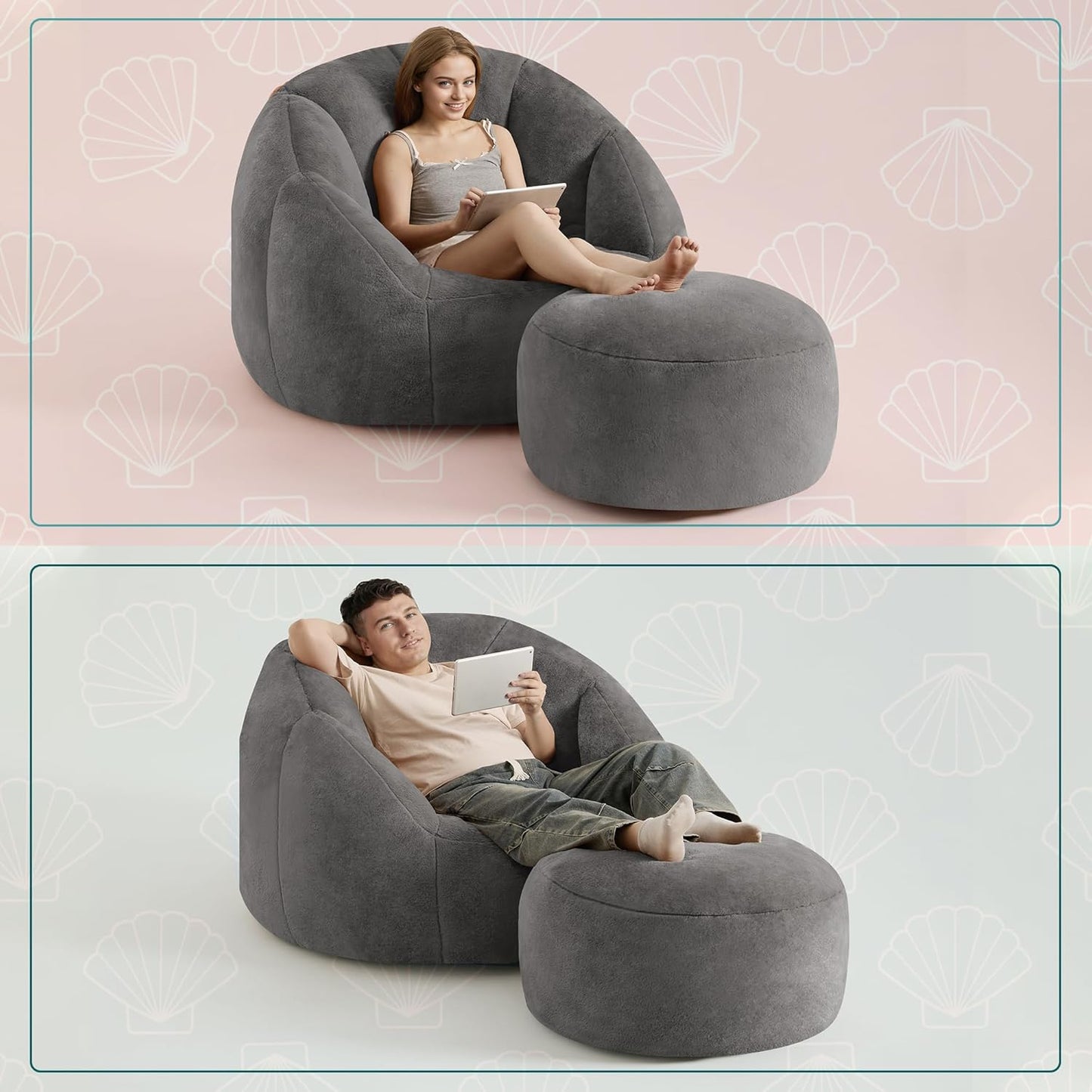 Giant Bean Bag Chaise Lounge Indoor Chair for Adults - Comfy Plush Round Shell Soft Accent Chair, Oversized Cozy Floor Sofa for Living Room, Bedroom & Game Rooms, Gray