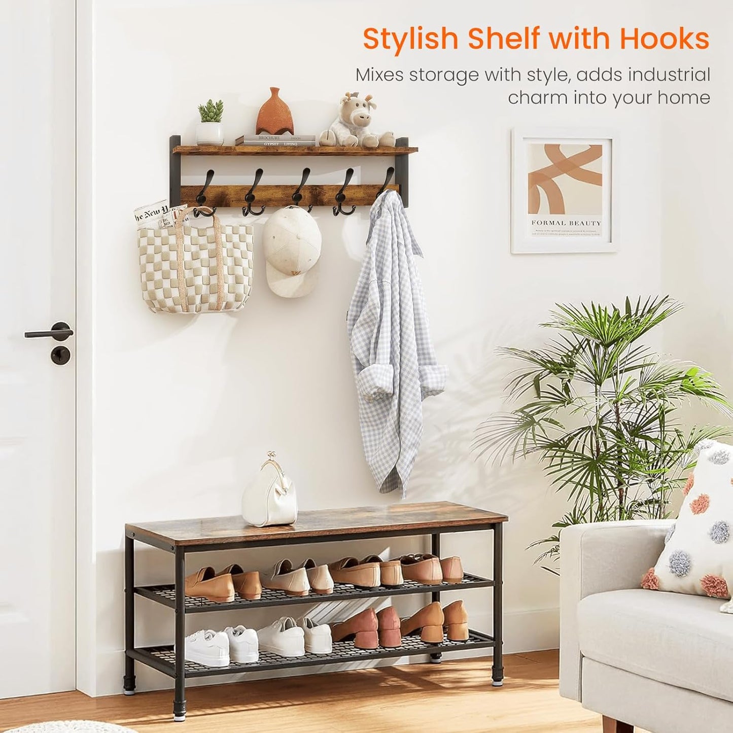 Homode Rustic Brown Wall Mount Coat Rack with Shelf and 5 Tri Hooks, Wood Coat Hangers for Hanging Hat, Towel, Purse, Jacket