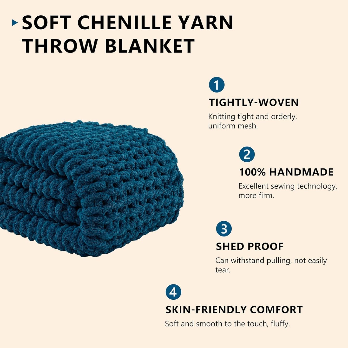 L'AGRATY Chunky Knit Throw: 60''x80'' Chenille Chunky Knitted Blanket for Bed, Couch - Handmade, Thick, Big Cable Knit Blanket - Blue