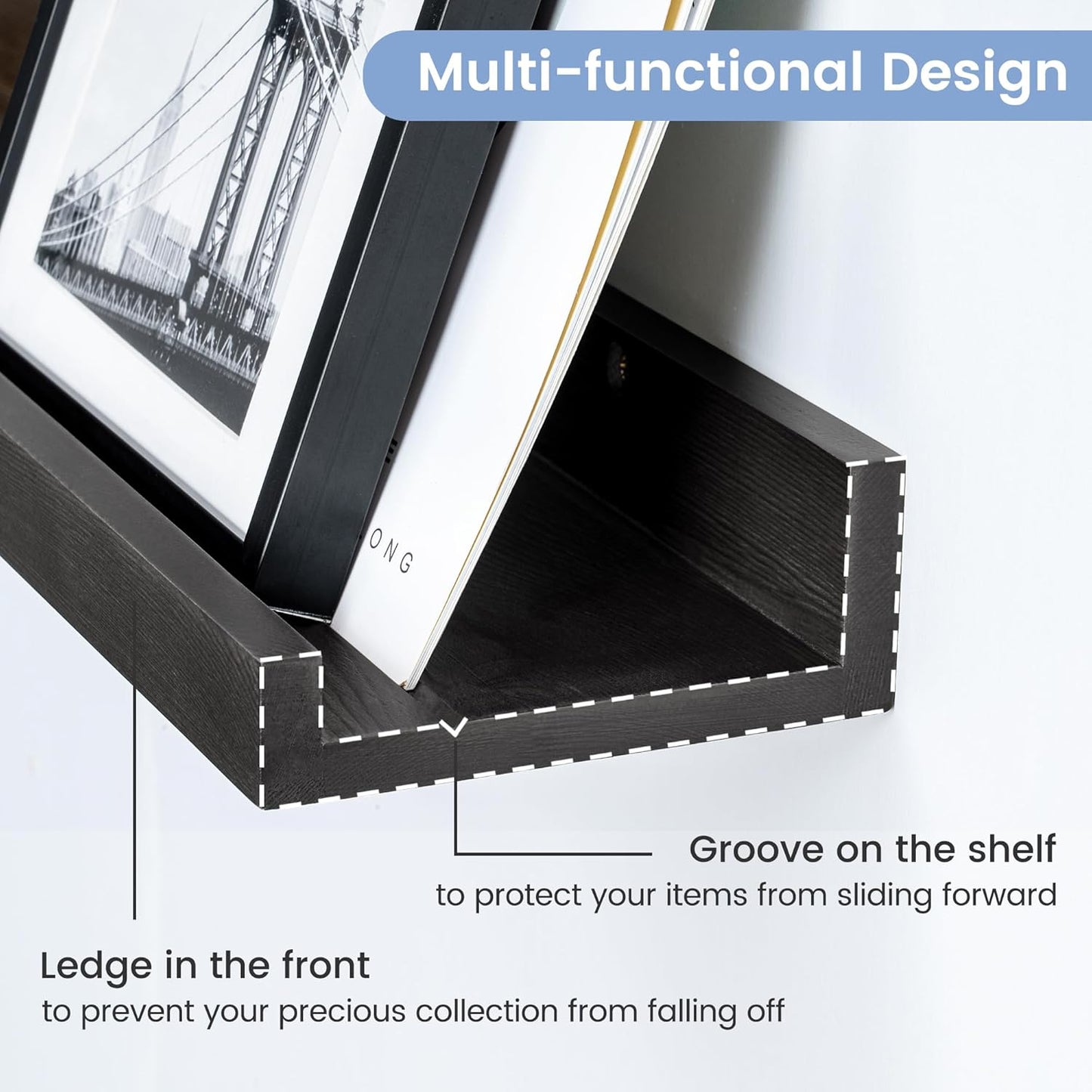 Picture Ledge Shelf for Wall, 36 inch Solid Pine Wood Nursery Book Shelves 2 Packs, Floating Ledge Shelves for Kids' Room Bedroom Bathroom Living Room Photo Frames Office Nursey Wall Decor, Black