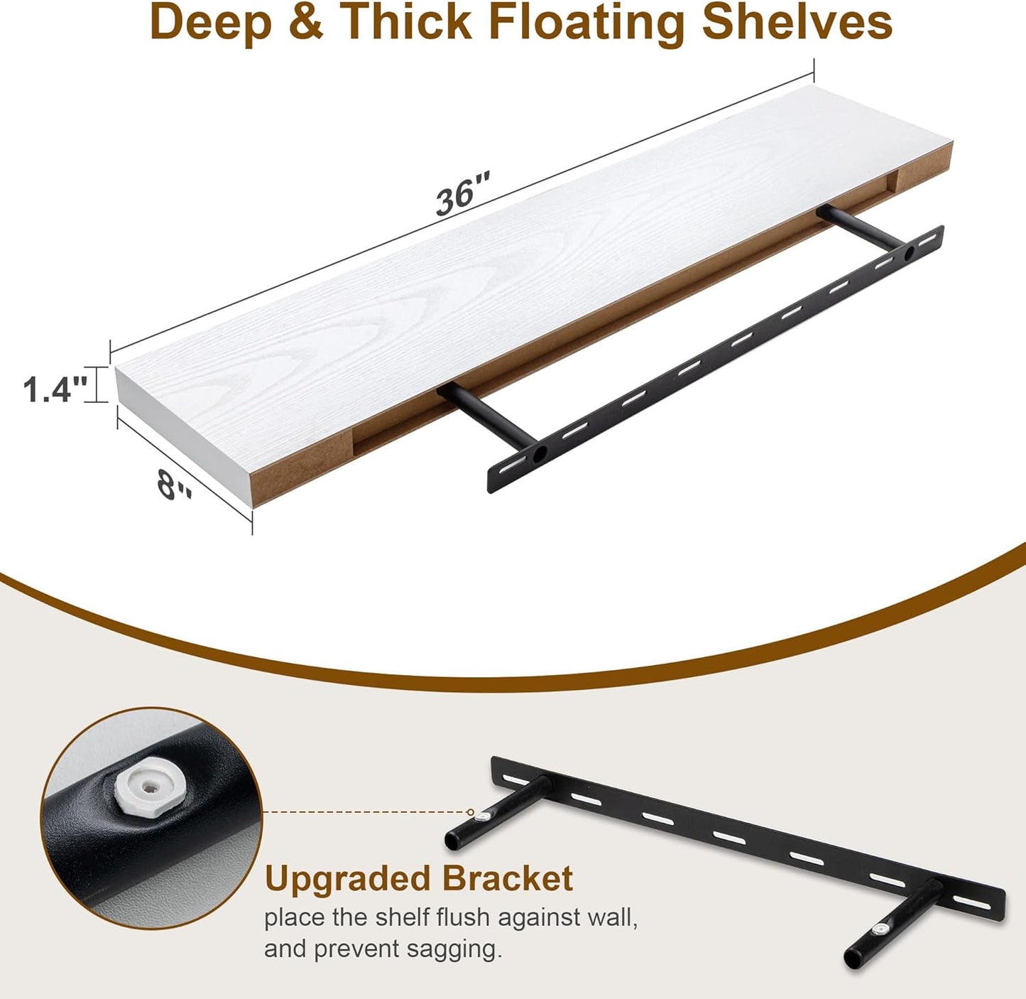 Fun Memories White Floating Shelves 36 Inch Long, 8 Inch Deep Floating Shelf for Wall, 36" W x 8" D Floating Shelves Set of 2, White Deep Wall Shelves for Bedroom, Living Room, Kitchen