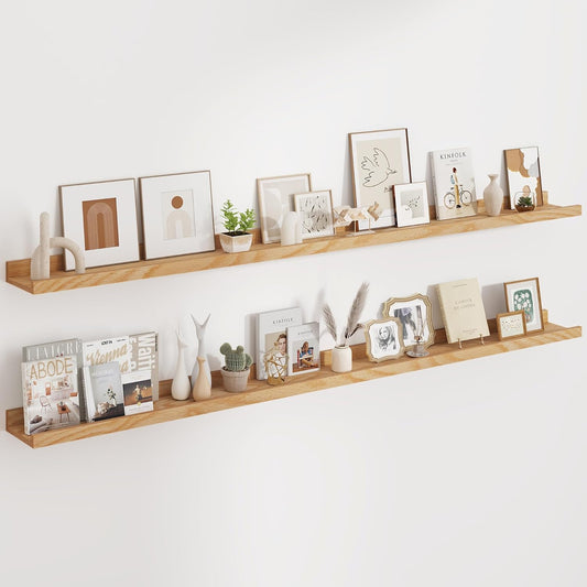 Floating Picture Ledge Shelves 72 Inch Solid Oak Wood Set of 2, Rustic Wall Storage Shelves with Lip, Kids Bookshelf, Photo & Picture Ledge Shelves for Bedroom, Living Room, Kitchen
