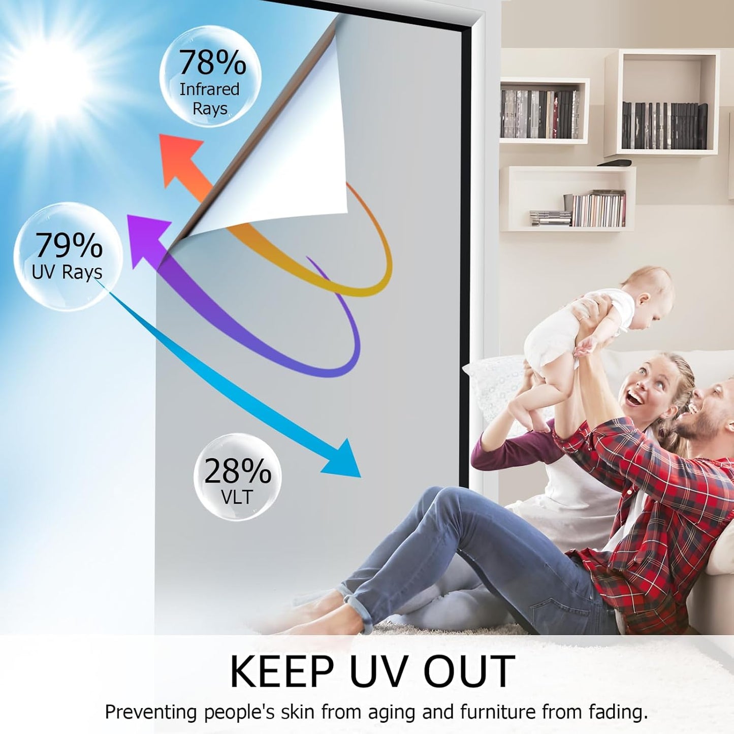 HIDBEA One Way Privacy Window Film, Daytime Privacy Sun Blocking Anti UV Reflective Window Film Heat Control Static Cling Window Tint Film for Home and Office, Silver, 17.5 x 78.7 Inch