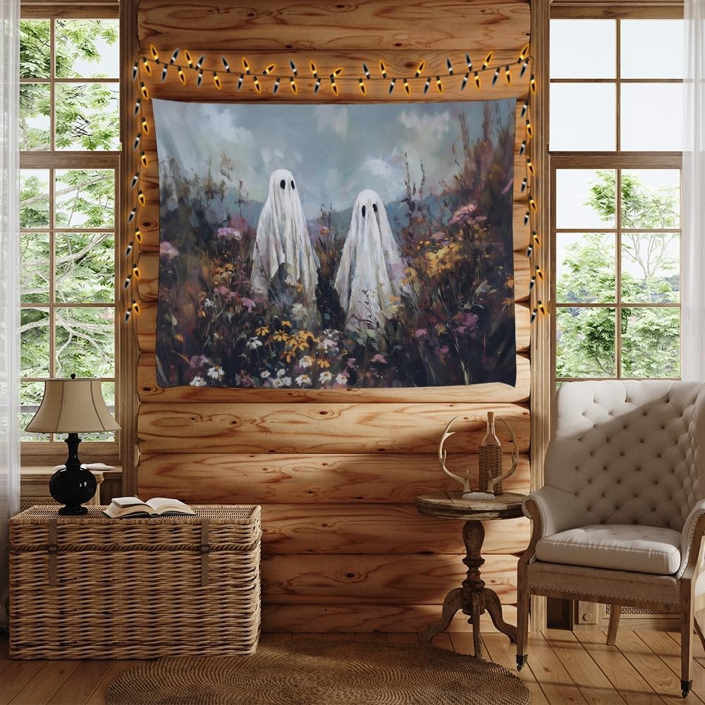 Halloween Ghosts in Wildflowers Tapestry Wall Hanging Spooky Cute Ghost Floral Tapestries Victoria Moody Artwork Aesthetic Print for Goth Living Room Bedroom wall Decor 70x90inch