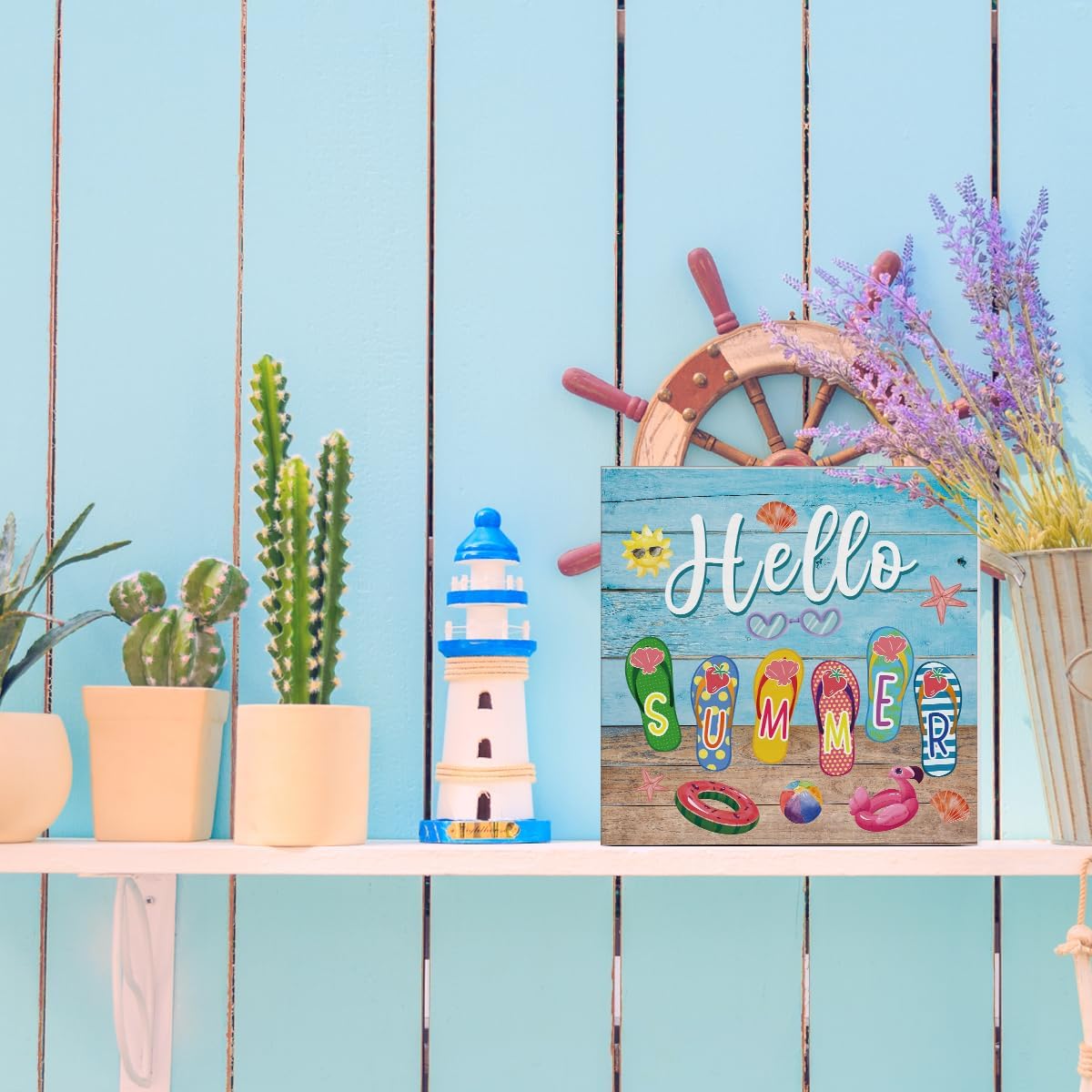 Summer Decor Hello Summer Decorations Flip Flop Wooden Sign Rustic Home Decor 5 x 5 Inches
