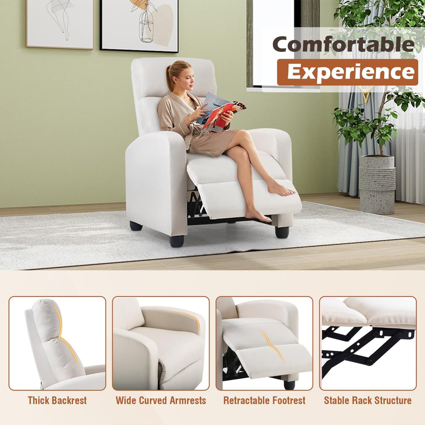 BestMassage | Recliner Chair | No Massage Function | Textile Beige | with Lumbar Support, Adjustable Push Back, Wide Armrests, Footrest & Padded Seat | Easy Assembly | for Living Room, Home Theatre