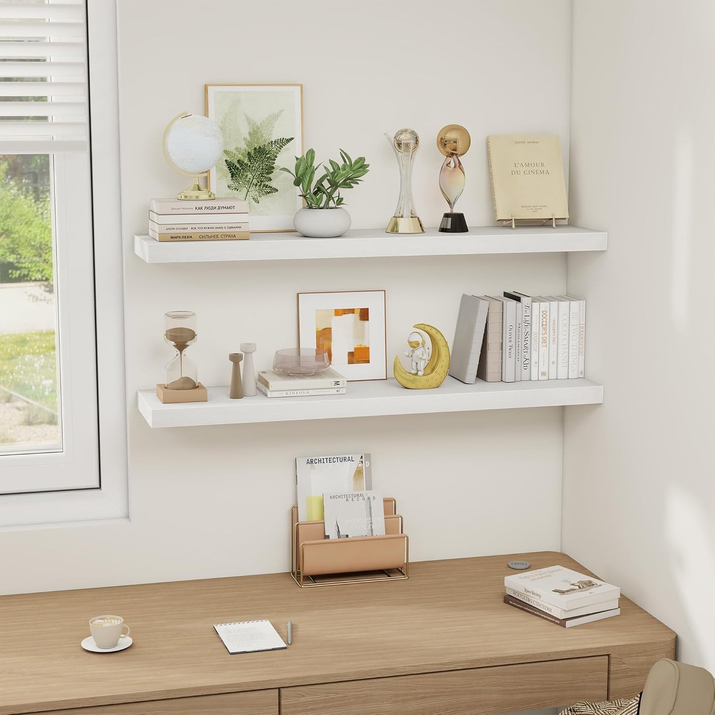 White Floating Shelves Wall Shelf 40 Inch, 8 Inch Deep Floating Shelf for Wall, Farmhouse Black Wood Shelves Invisible Bracket for Living Room, Bedroom, Kitchen, 40 x 8 x 1.4 Inch, Set of 2