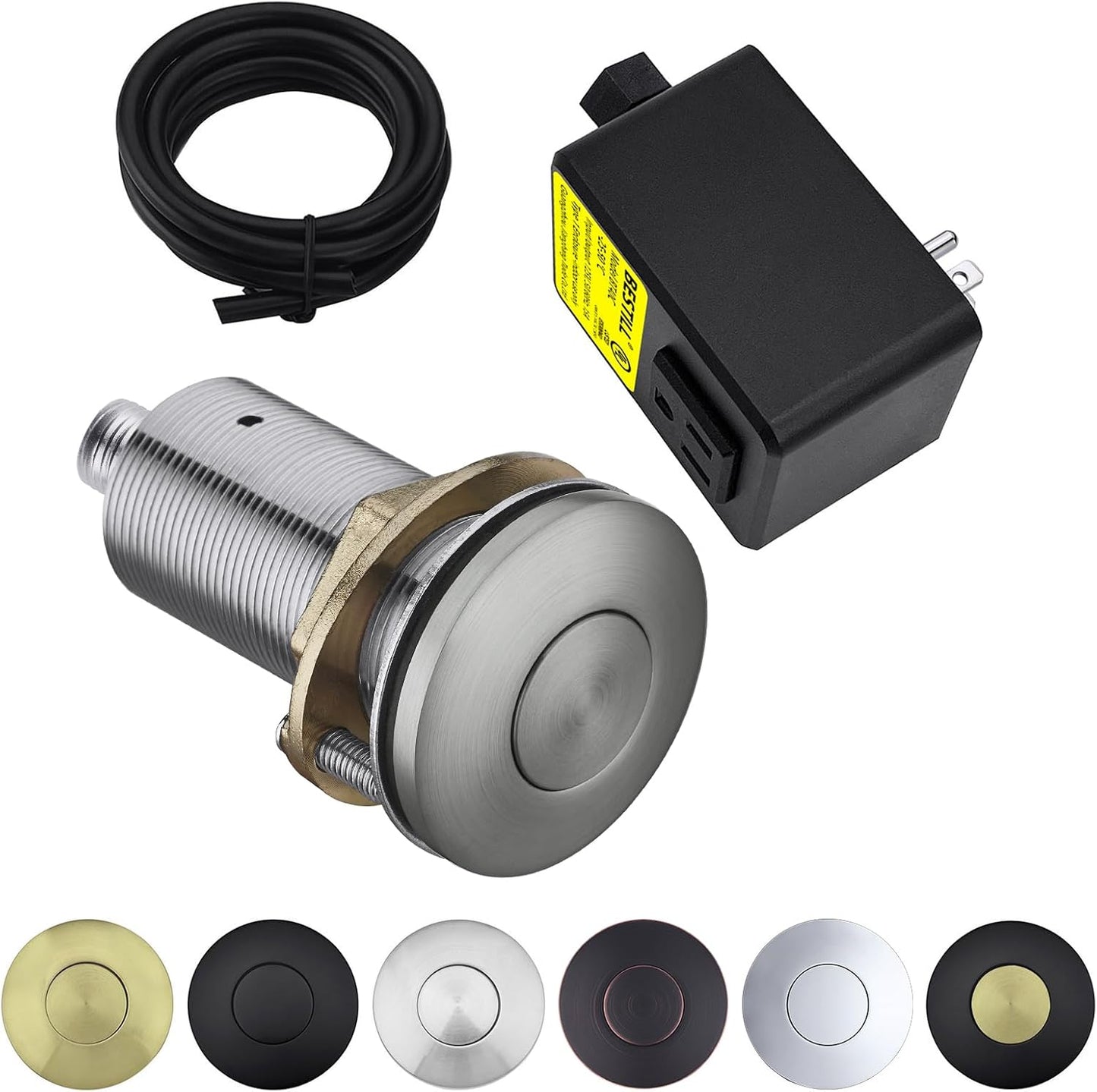 BESTILL Garbage Disposal Air Switch Kit - UL Listed, Brass 3.6" Long Push Button for Waste Disposer, Cordless Sink Top Switch Button, Brushed Nickel, Compatible with all Garbage Disposals