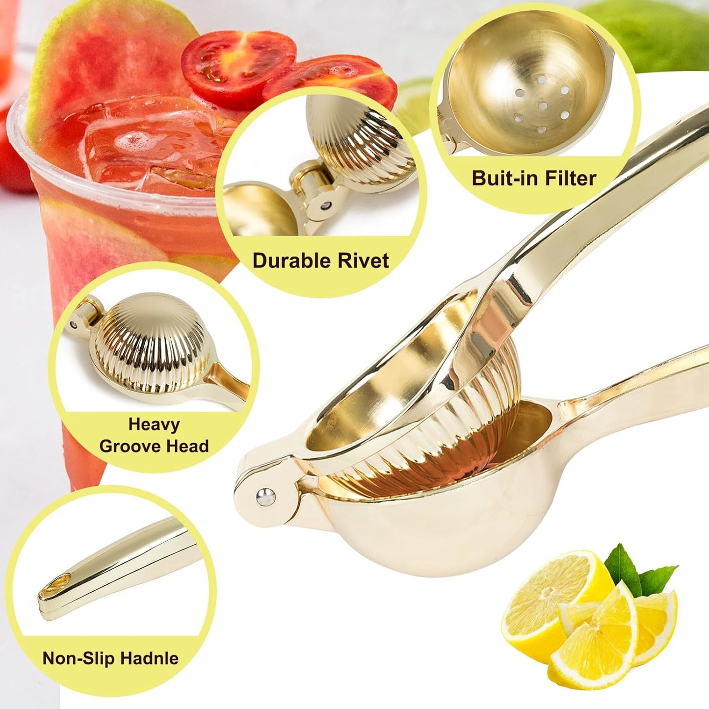Lemon Squeezer, Heavy Duty Zinc Alloy Manual Lemon Juicer, High Yield Threaded Groove Small Oranges Limes Citrus Juicer Hand Press, Juice Maker for Cocktails Home Restaurant Kitchen Utensils(Gold)