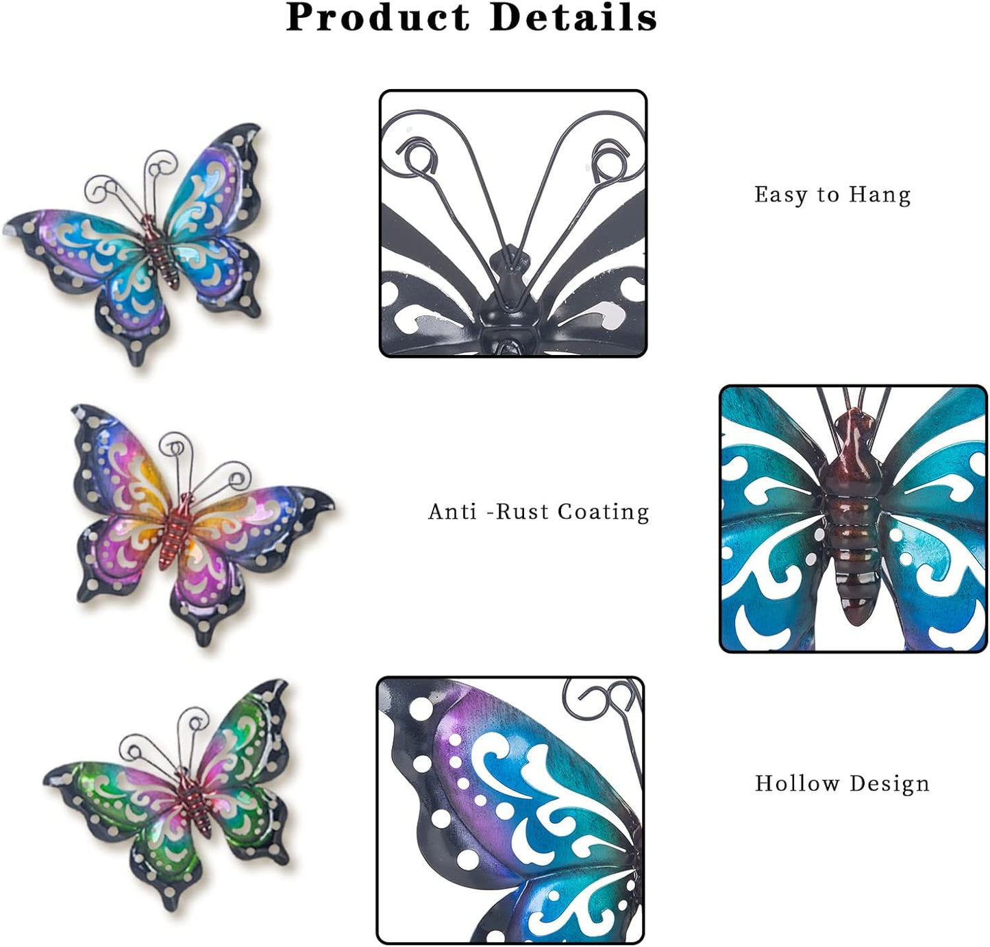 3 Pack Metal Butterfly Wall Art Outdoor Decor, Butterflies Spring Wall Sculpture Hanging Metal Wall Decorations for Garden, Patio, Fence, Yard, Living Room, Bedroom