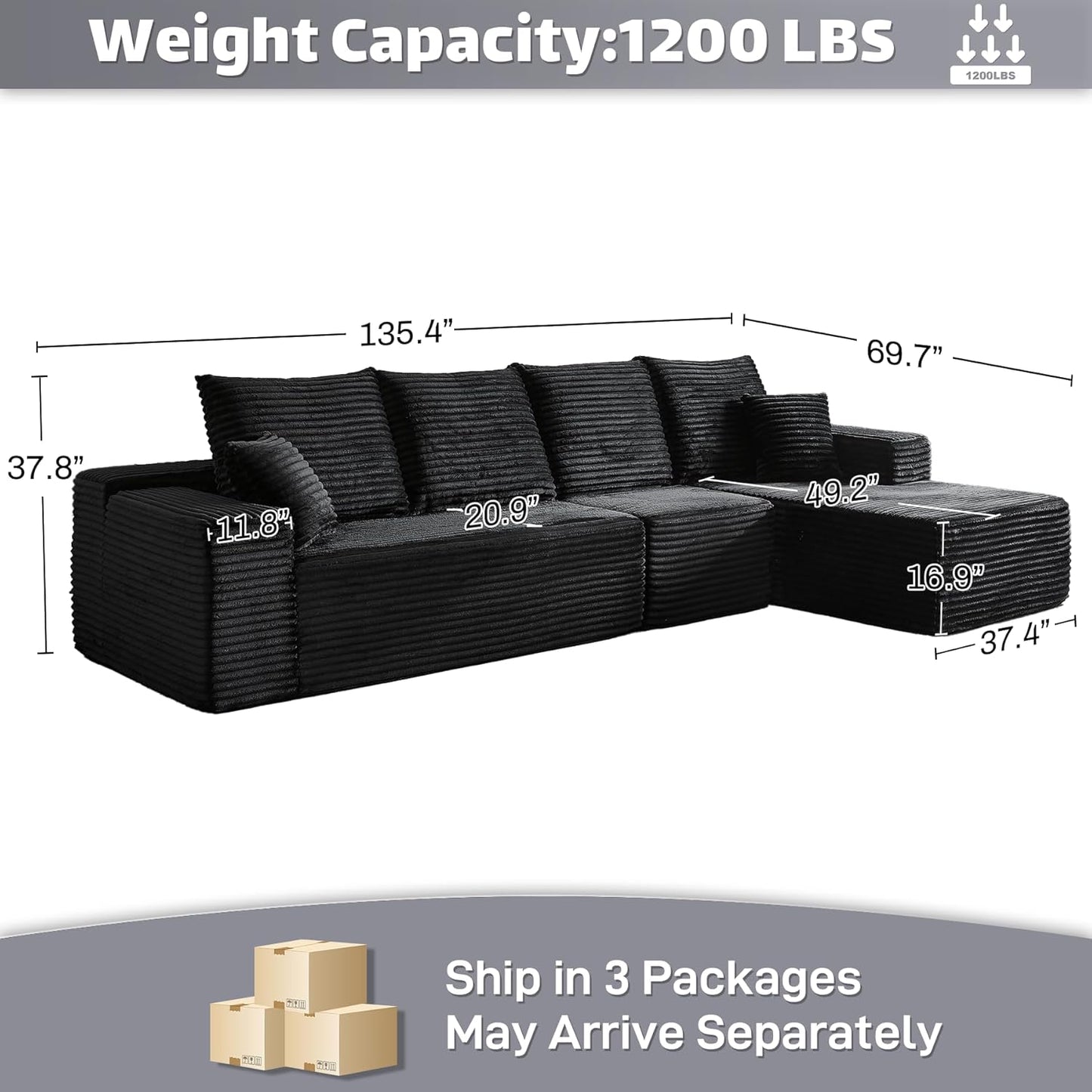 Modular Sectional Sofa Cloud Sectional Couch, 135" Comfy Fluffy L Shaped Black Couches for Living Room, Deep Seat Memory Foam Plush Corduroy Boneless Couch Sectionals with Right Facing Chaise Sofa
