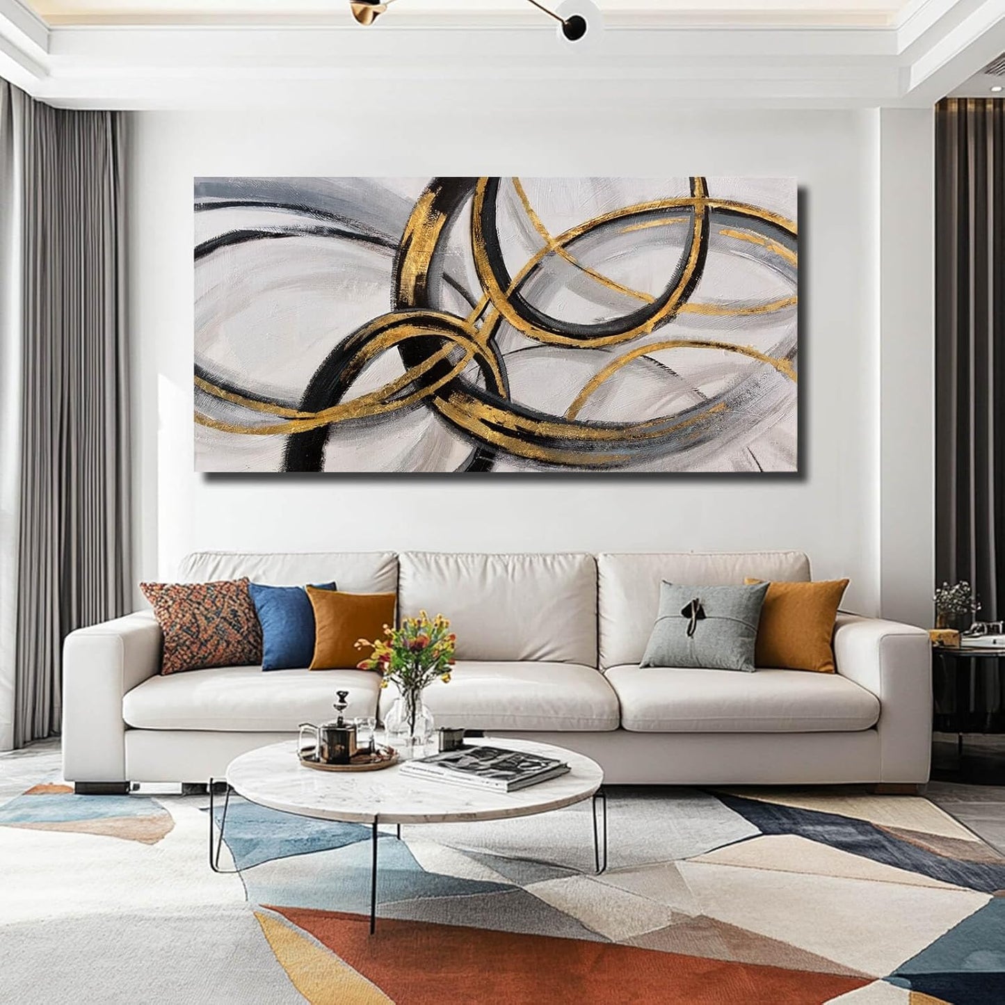SOUGUAN Living Room Decor for Wall Abstract Wall Art 30x60in Black and Gold Wall Art Round Ring Wall Decoration for Bedroom Dining Room Home Office Ready to Hang