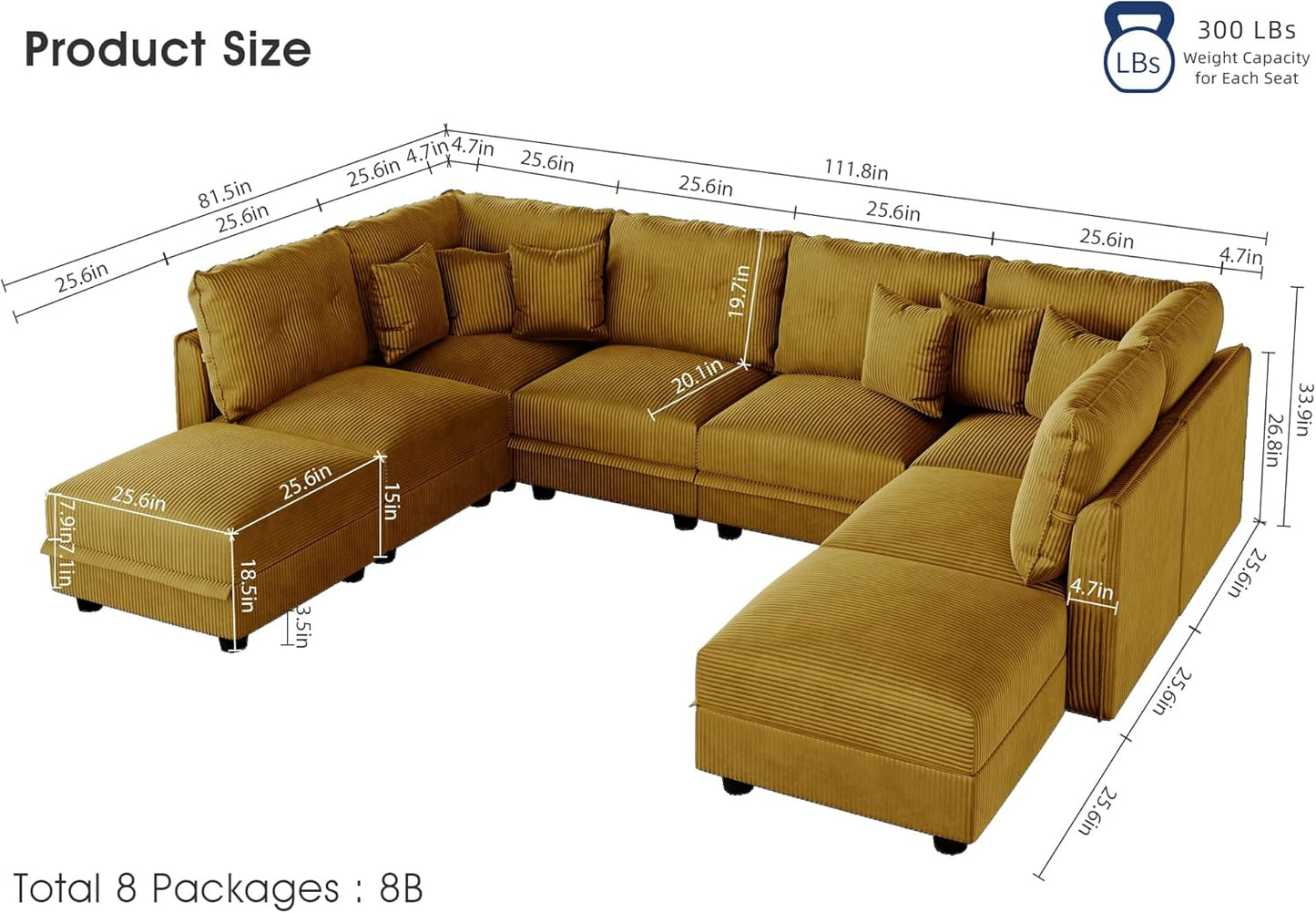 LLappuil Modular Sectional Sofa with Storage Seat, Corduroy Modular U Shaped Sectional Couch for Living Room, 8 Seat Oversized Sofa with 8 Back Cushion 8 Throw Pillow, Yellow