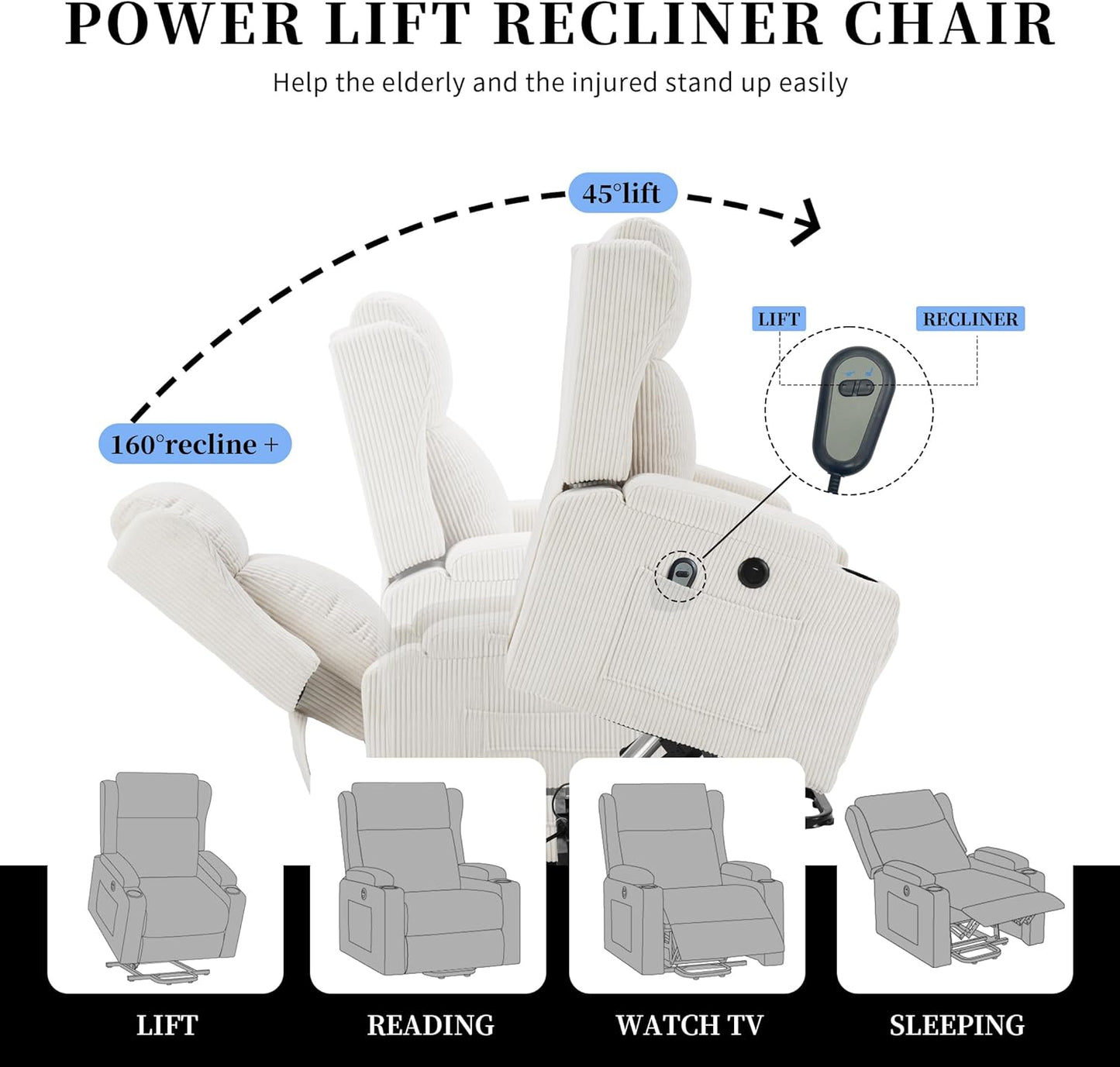 Lift Recliner Chair for Adults with Massage and Heating, Power Lift Recliner Chairs for Elderly, Corduroy Fabric Reclining Chair with USB &Type-C Port, Cup Holders, L6111 (Beige)