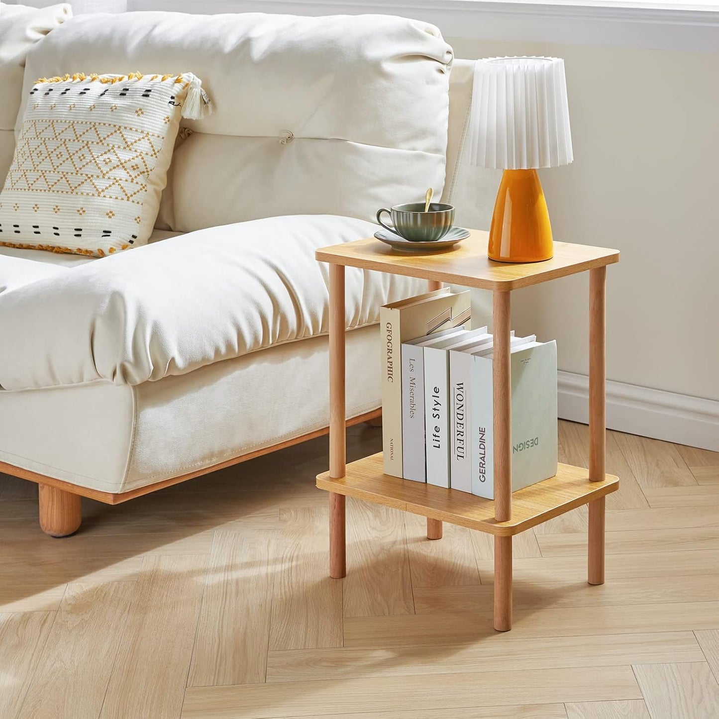 IBUYKE 2-Tier Side Table, Solid Wood Tall End Table with Storage Shelves, Nightstand Bedside Table for Living Room Bedroom Office, No-Tool Assembly, Natural UWST002N