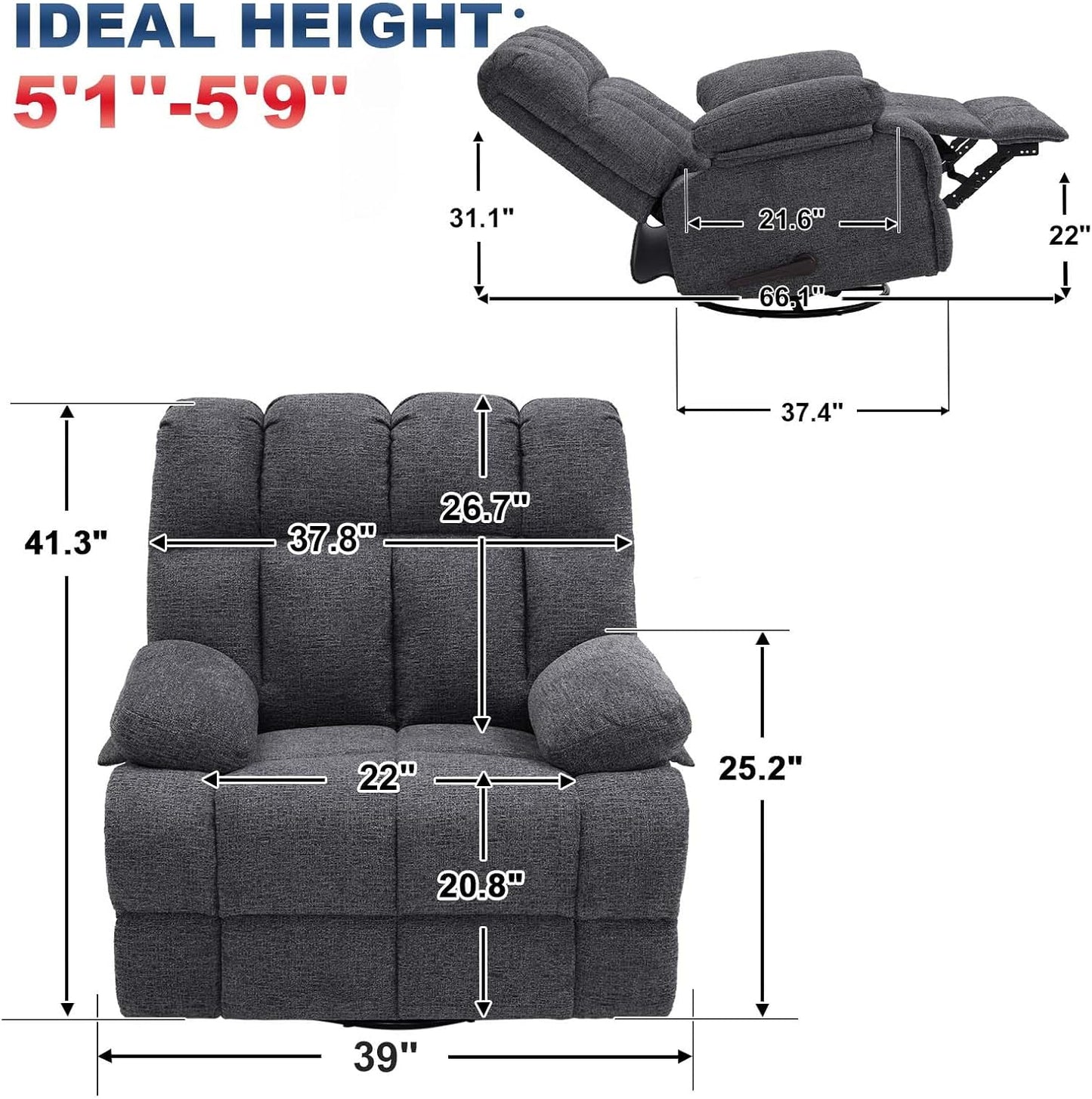 Oversized Swivel Rocker Recliner Chair Set of 2 for Adult, Rock Recliner for Big Man, Extra Wide Manual Recliners, Overstuffed Soft Rocking Sofa Chair,Light Grey