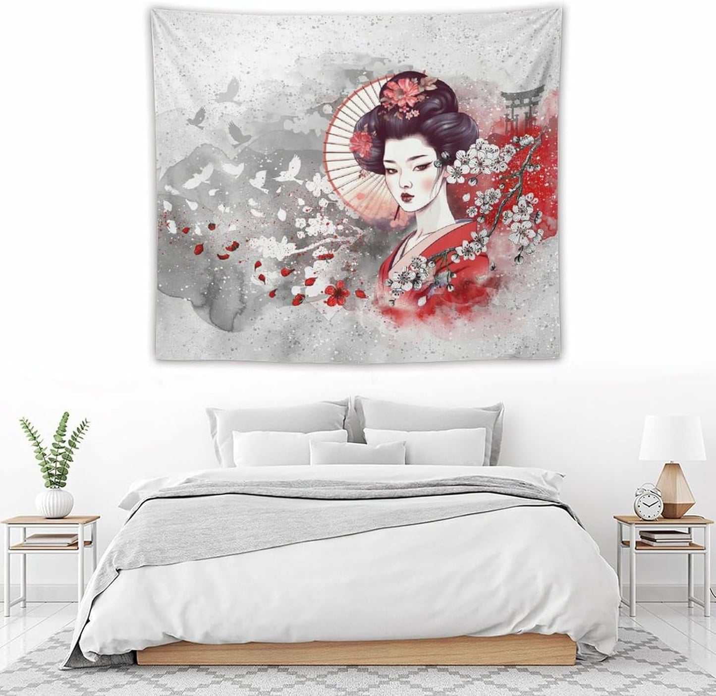 Japanese Geisha Tapestry Asian Red Cherry Blossom Traditional Kimono Folk Tapestries Home Decor for Living Room Bedroom Apartment Farmhouse Dorm 60"x50"