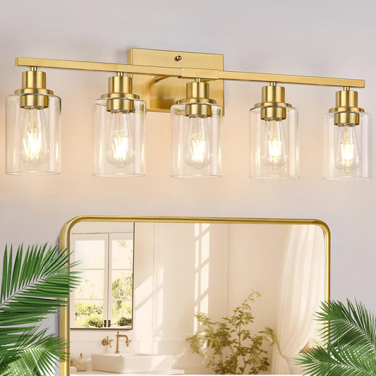 5-Light Bathroom Vanity Light with Clear Glass Shades, Brushed Gold Bathroom Light Fixtures Over Mirror, Modern Vanity Light for Mirror Living Room Cabinet Bedroom Porch