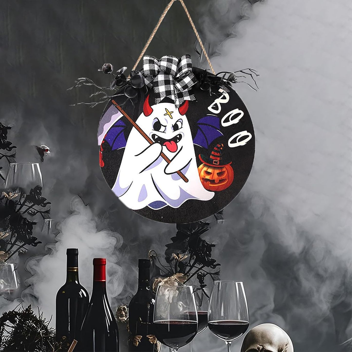 Cute Halloween Round Wooden Plaque Funny Ghost Outdoor Hanging Sign Decoration Halloween Wreaths Art for Home Wall Decor Halloween Courtyard Party Outdoor Indoor Supply Gifts