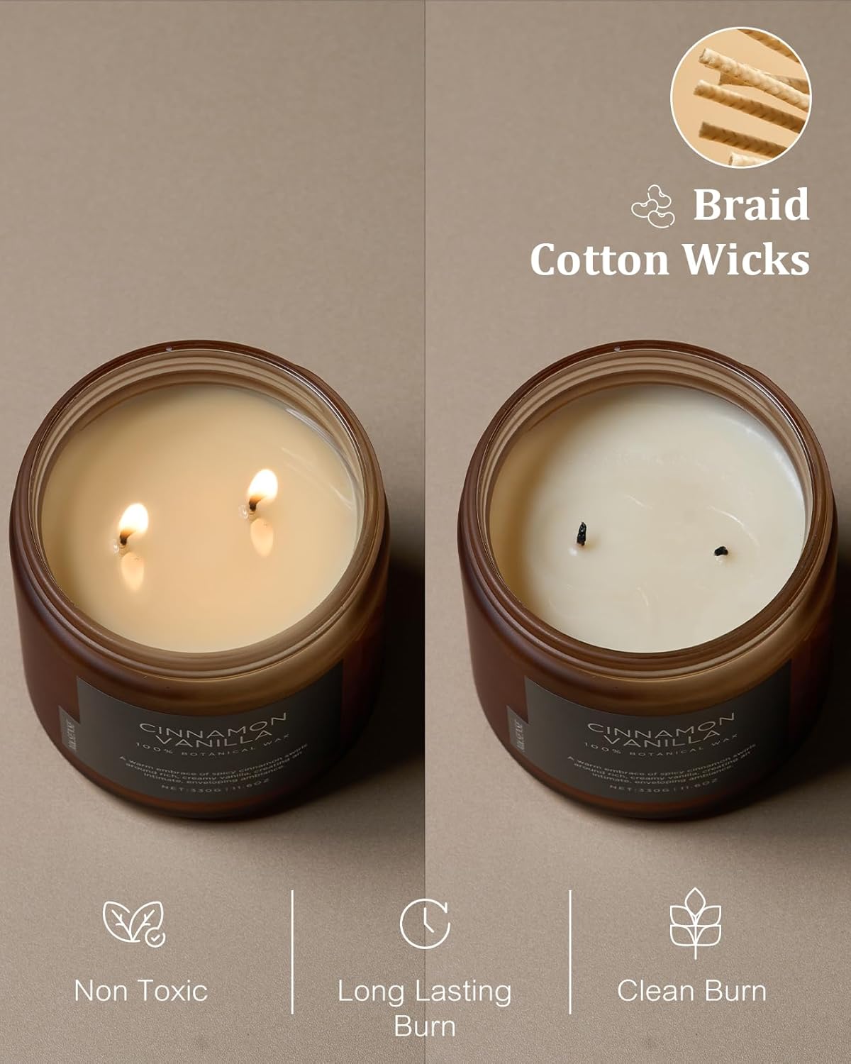 M&SENSE Cinnamon Vanilla Fall Scented Candles for Home, Natural Soy Wax 11.6oz 70 Hours Large Long Lasting Strong Scented Classic Christmas Holiday 2 Wicks Candle Gift Home Decor